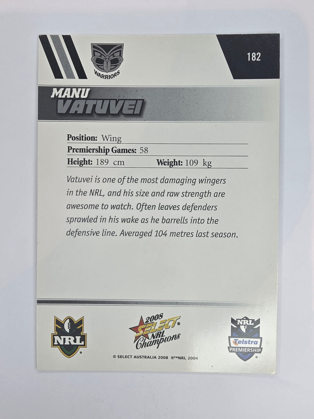 NRL 2008 Champions Base Card #182 Manu Vatuvei New Zealand Warriors