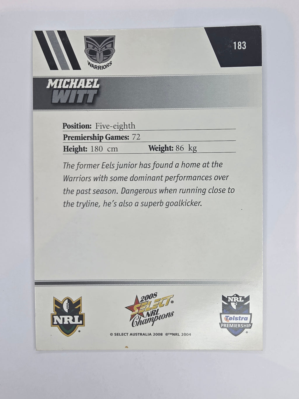NRL 2008 Champions Base Card #183 Michael Witt New Zealand Warriors