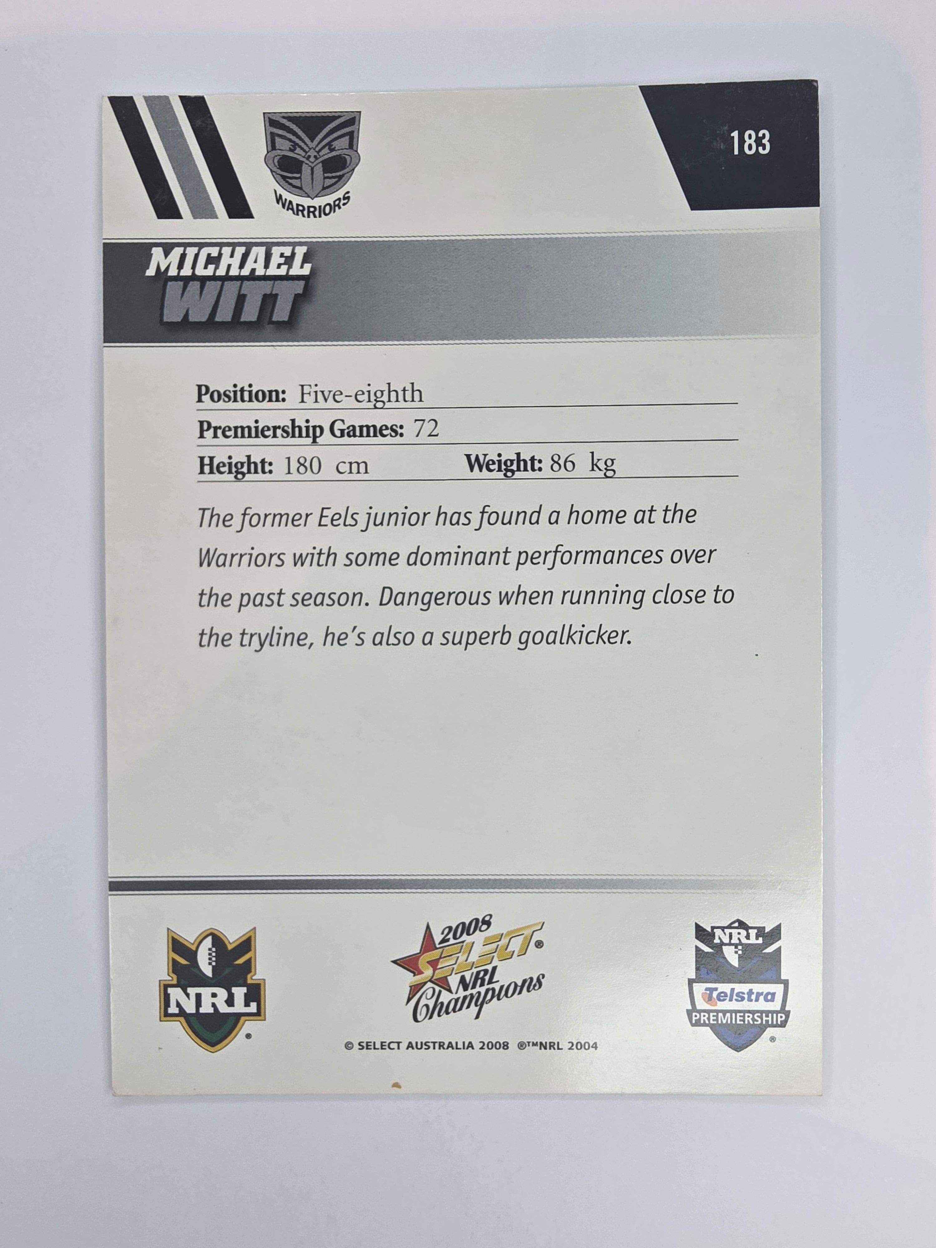 NRL 2008 Champions Base Card #183 Michael Witt New Zealand Warriors
