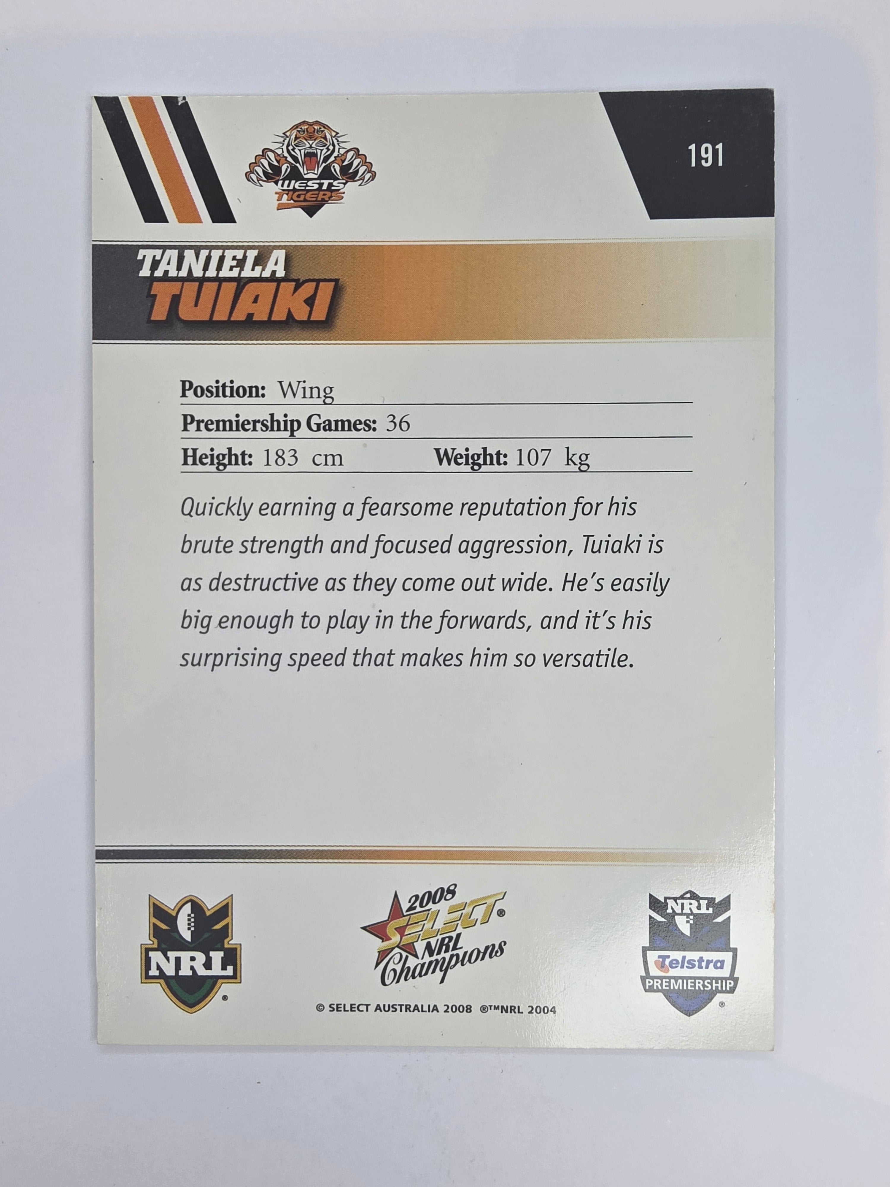 NRL 2008 Champions Base Card #191 Taniela Tuiaki Wests Tigers