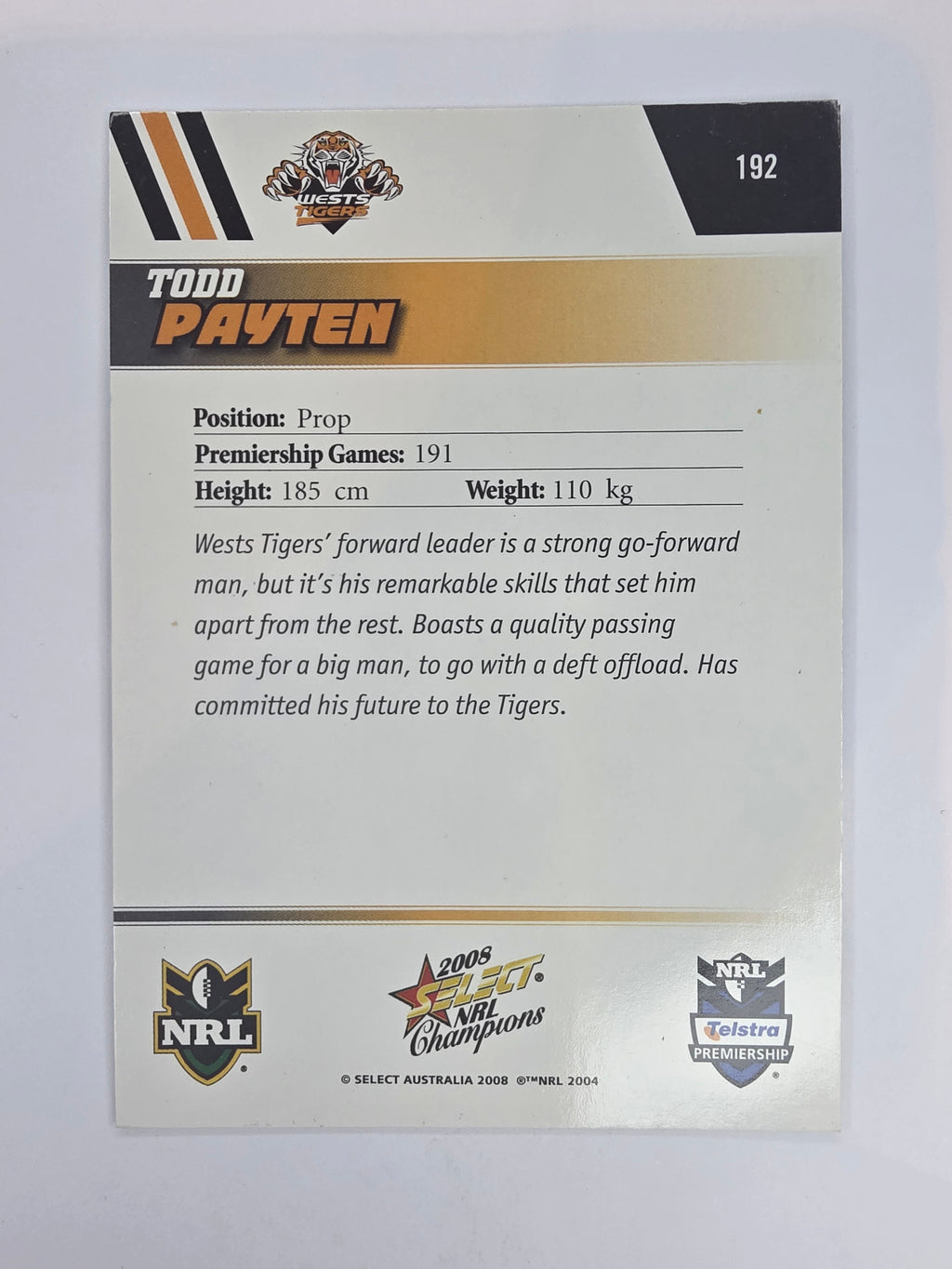 NRL 2008 Champions Base Card #192 Todd Payten Wests Tigers
