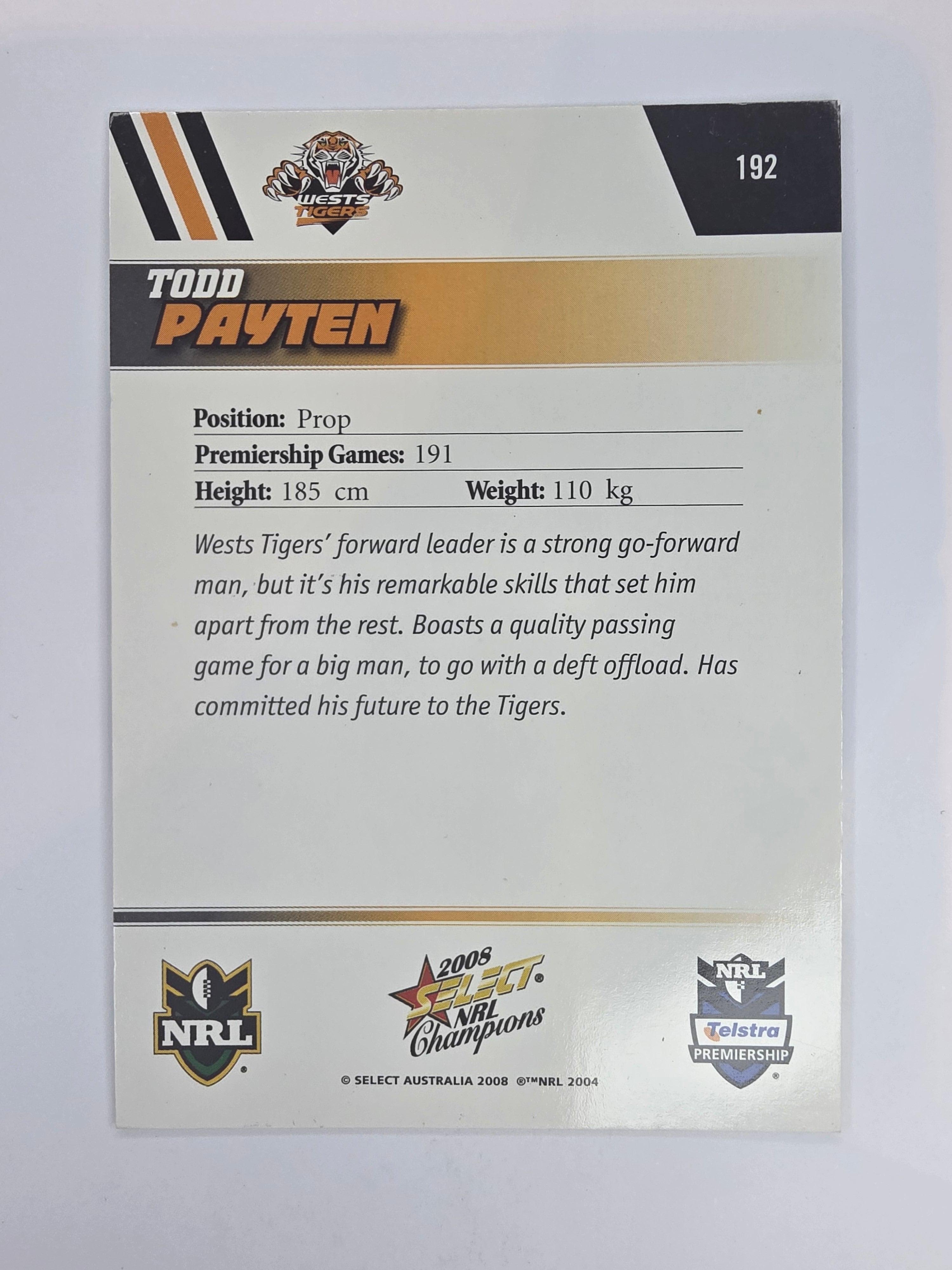 NRL 2008 Champions Base Card #192 Todd Payten Wests Tigers