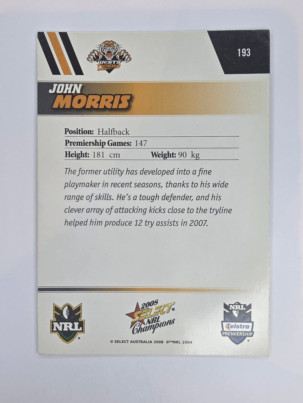 NRL 2008 Champions Base Card #193 John Morris Wests Tigers