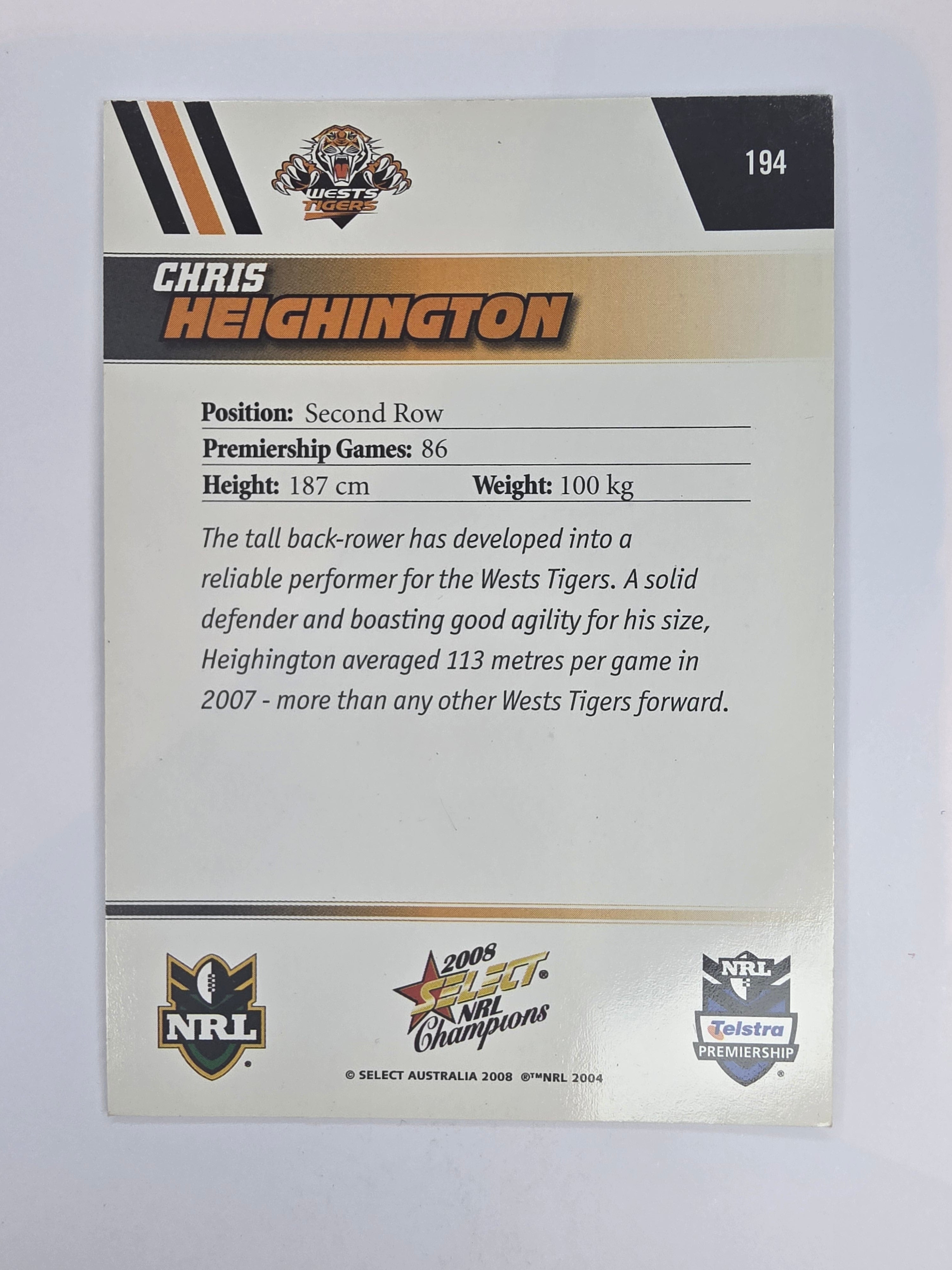 NRL 2008 Champions Base Card #194 Chris Heighington Wests Tigers