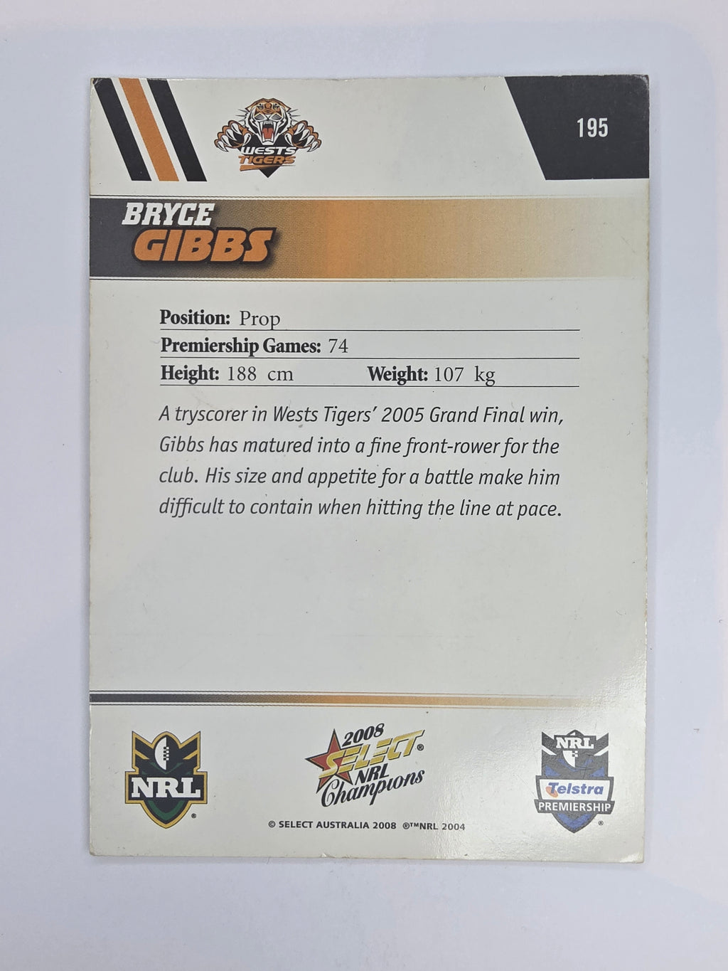 NRL 2008 Champions Base Card #195 Bryce Gibbs Wests Tigers