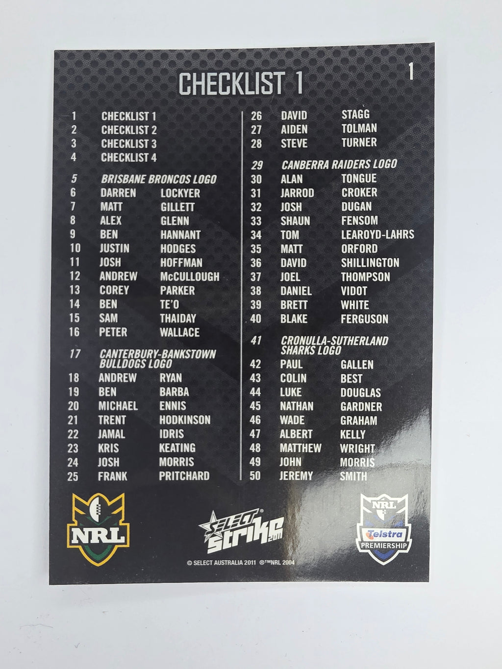 NRL 2011 Strike Base Card #1 Checklist