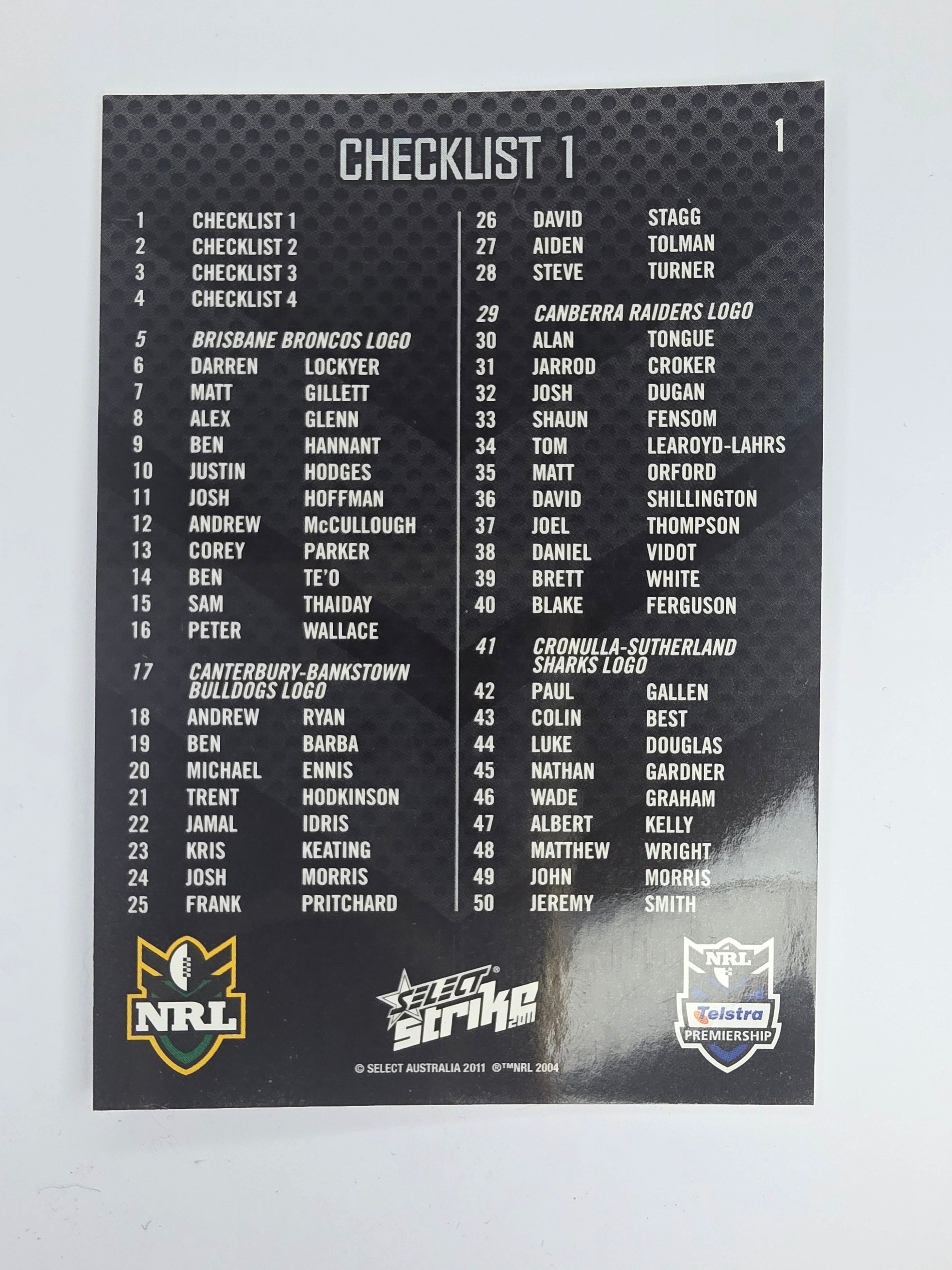 NRL 2011 Strike Base Card #1 Checklist