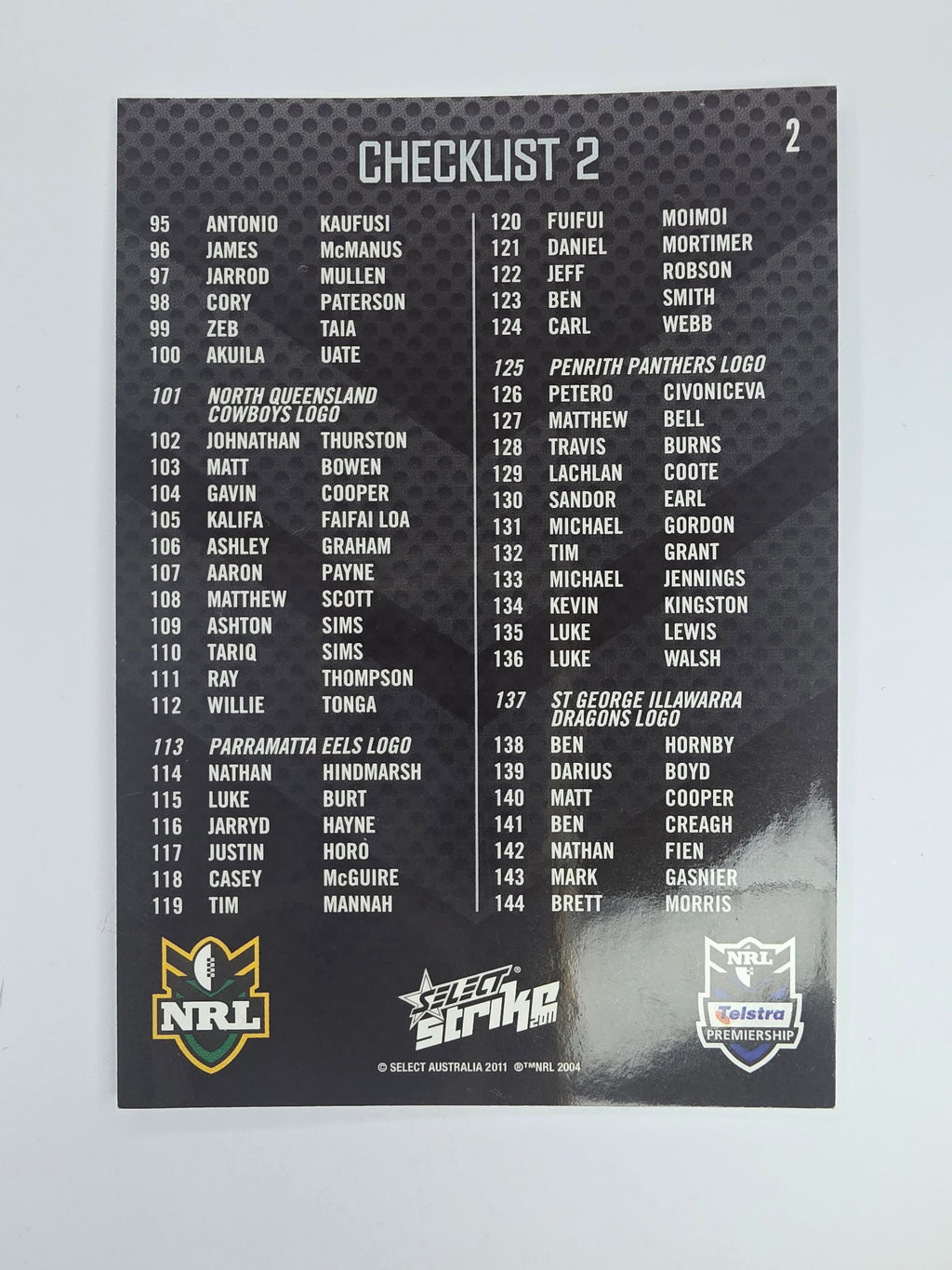 NRL 2011 Strike Base Card #2 Checklist