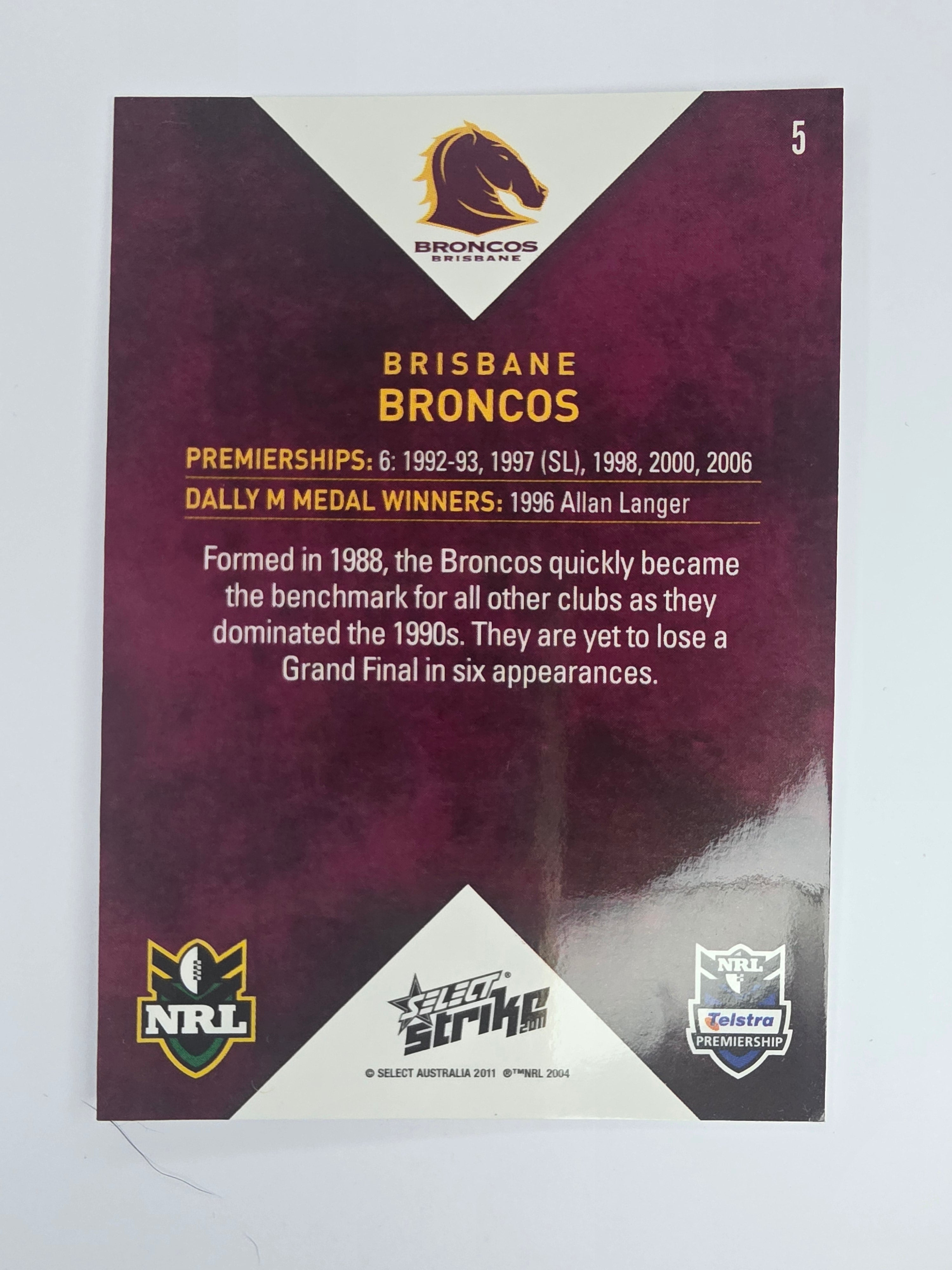 NRL 2011 Strike Base Card #5 Brisbane Broncos Logo