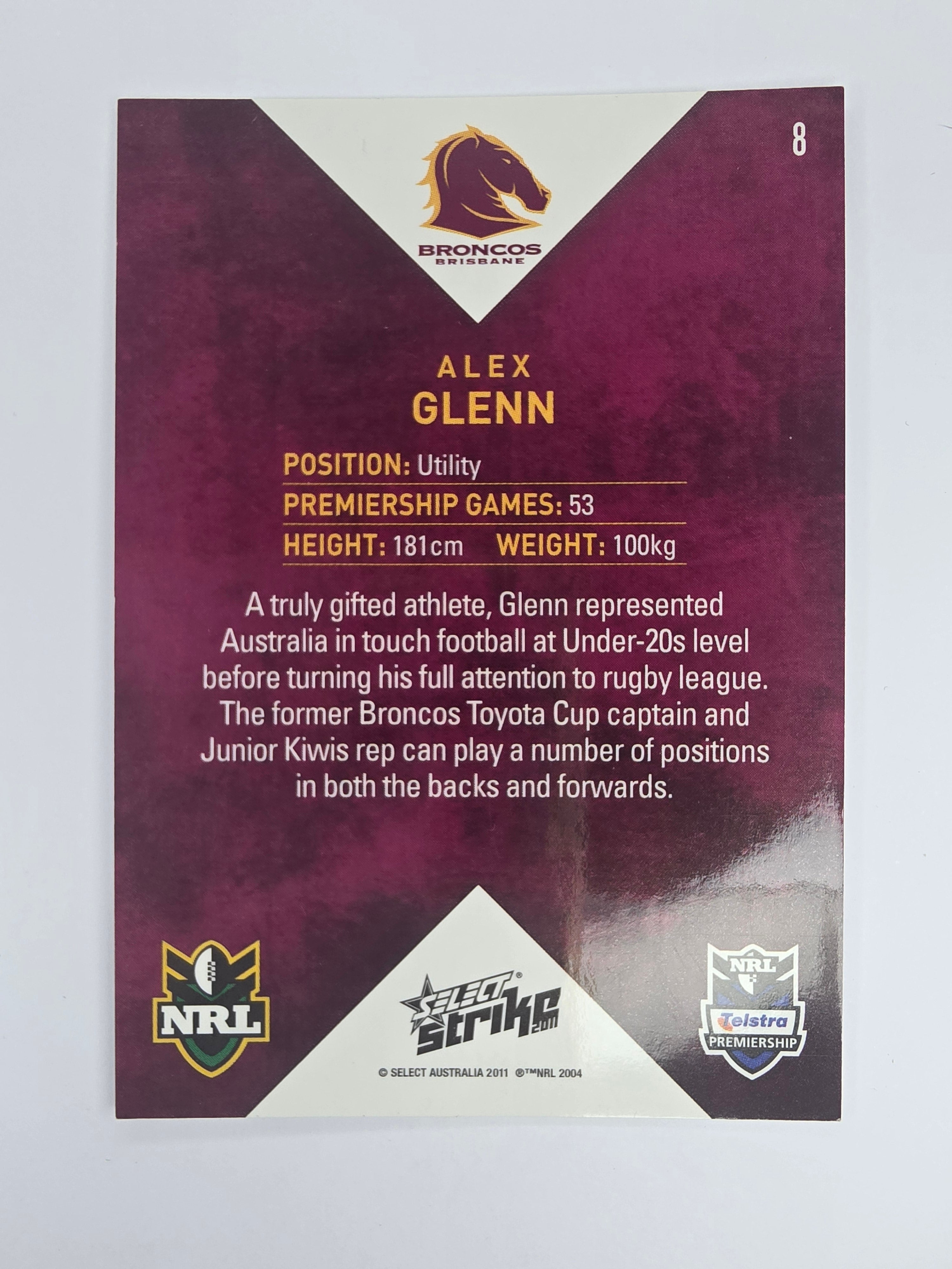 NRL 2011 Strike Base Card #8 Alex Glenn Brisbane Broncos