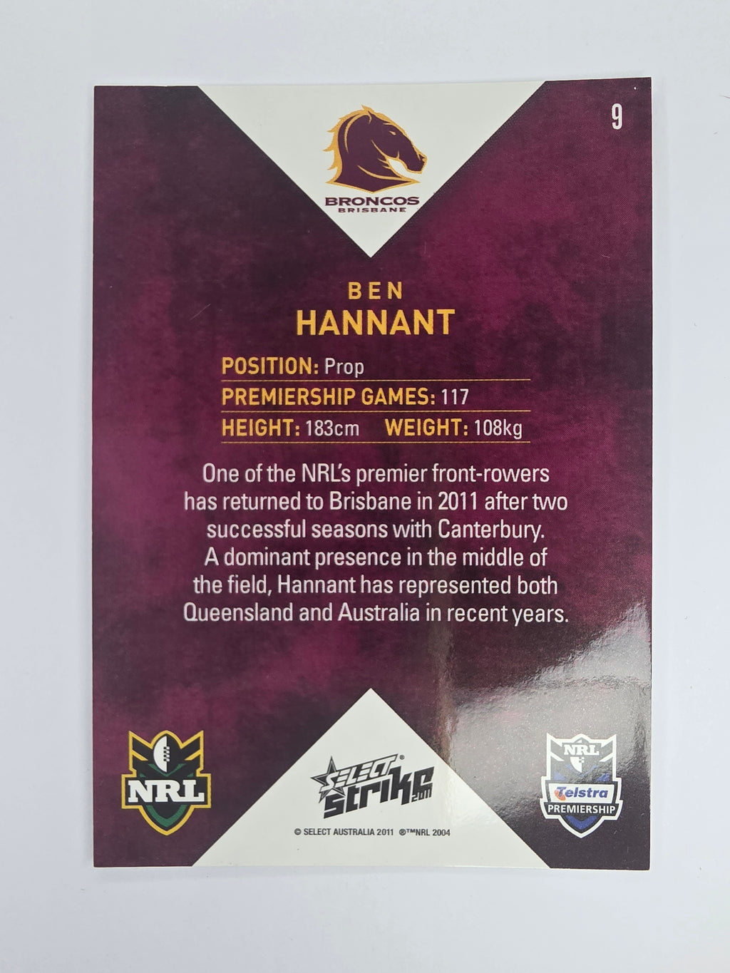 NRL 2011 Strike Base Card #9 Ben Hannant Brisbane Broncos