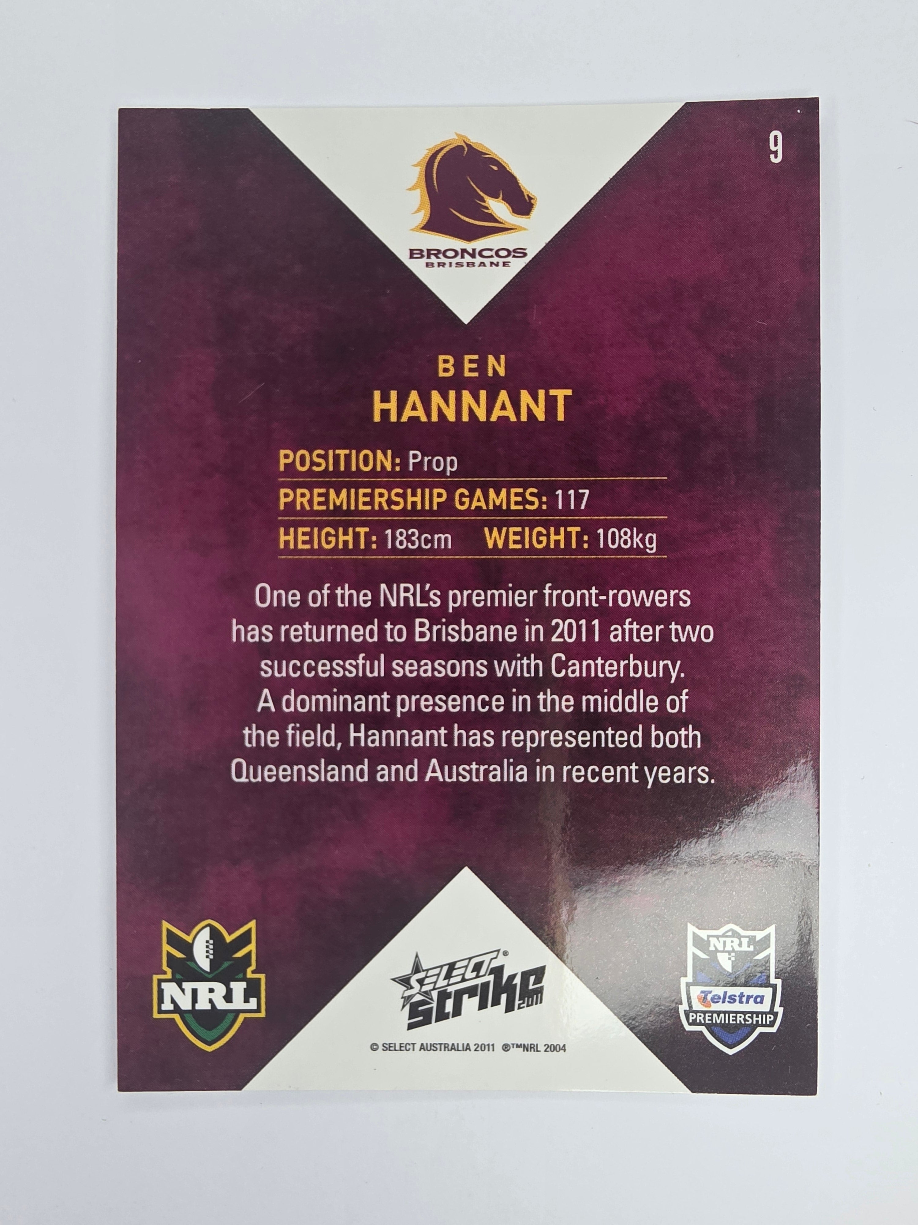 NRL 2011 Strike Base Card #9 Ben Hannant Brisbane Broncos