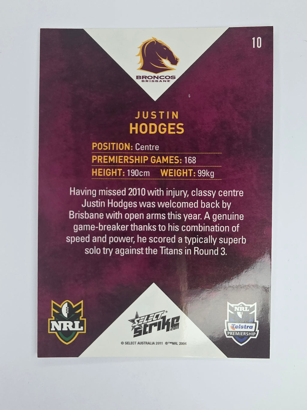 NRL 2011 Strike Base Card #10 Justin Hodges Brisbane Broncos