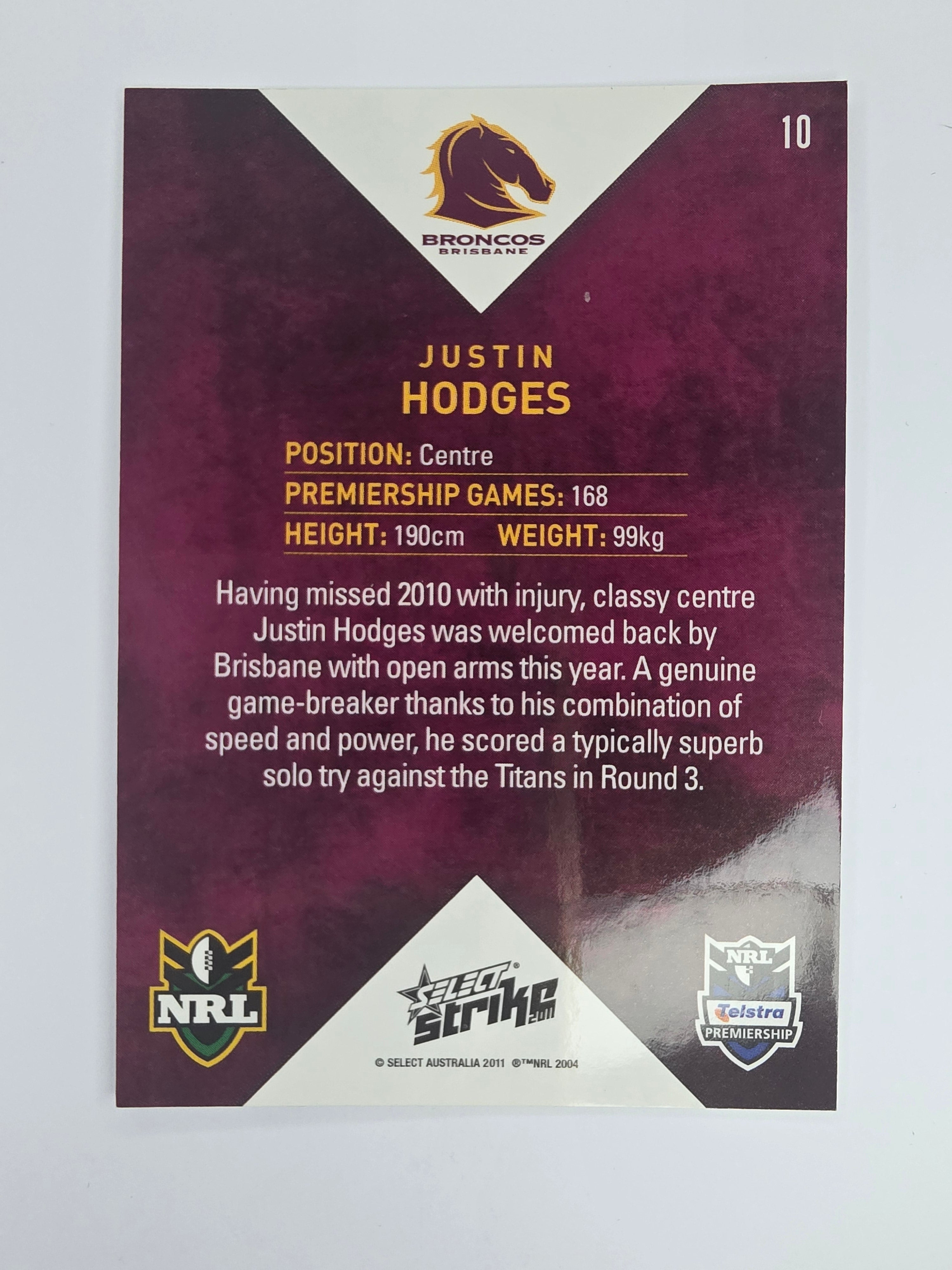 NRL 2011 Strike Base Card #10 Justin Hodges Brisbane Broncos