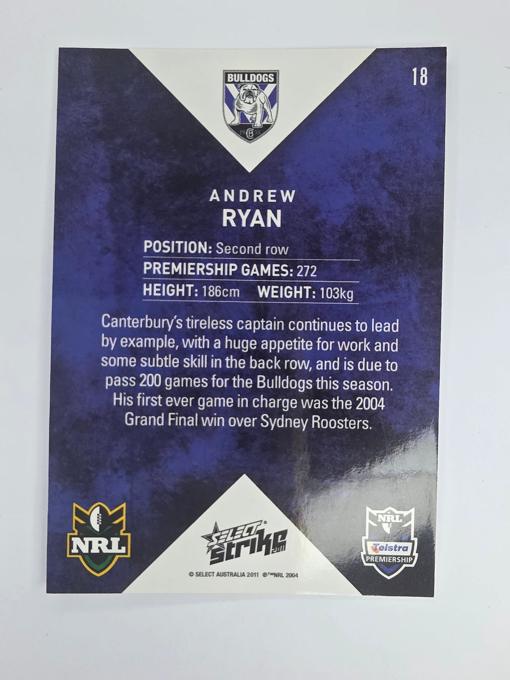 NRL 2011 Strike Base Card #18 Andrew Ryan Canterbury Bankstown Bulldogs