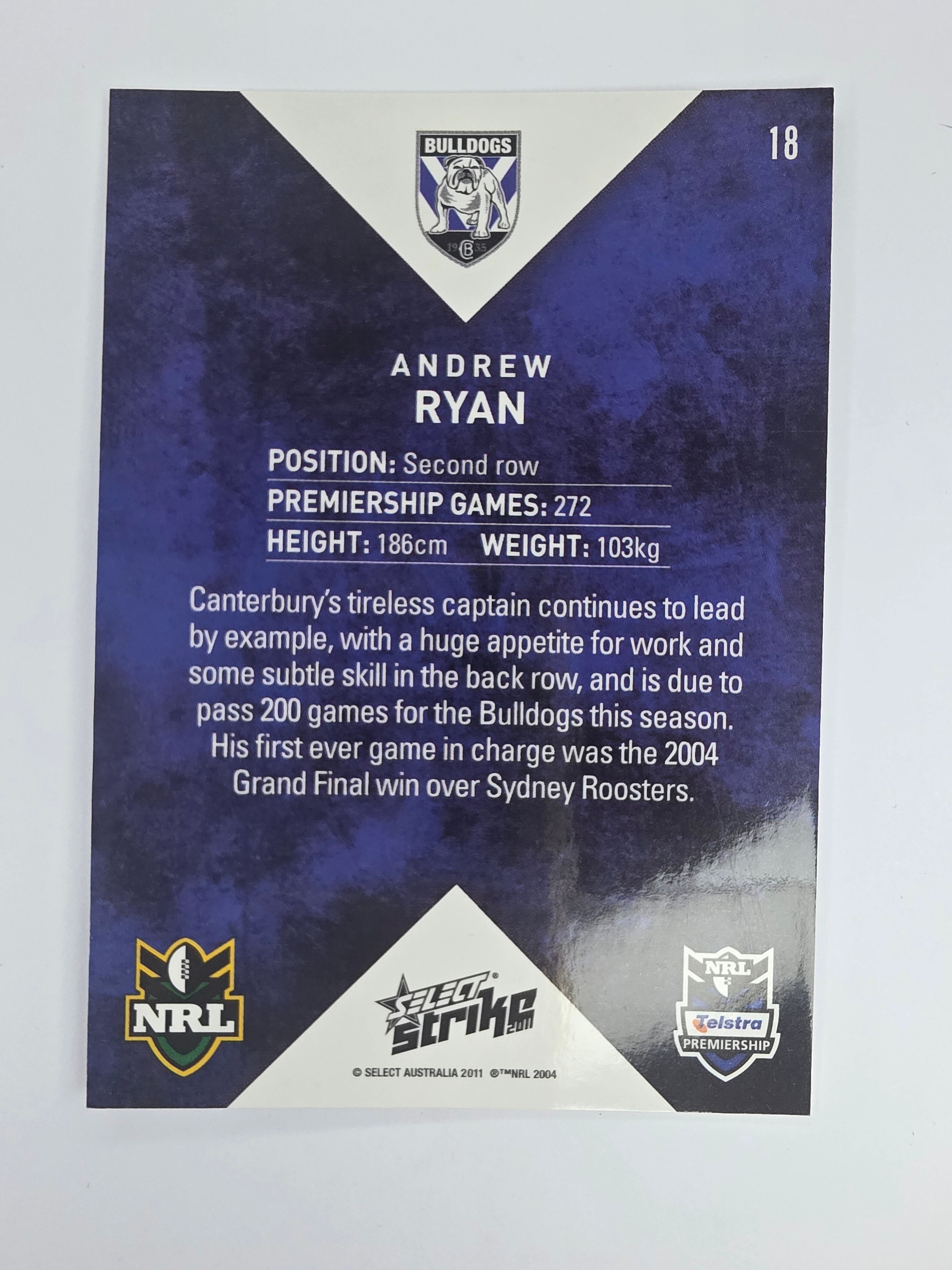 NRL 2011 Strike Base Card #18 Andrew Ryan Canterbury Bankstown Bulldogs