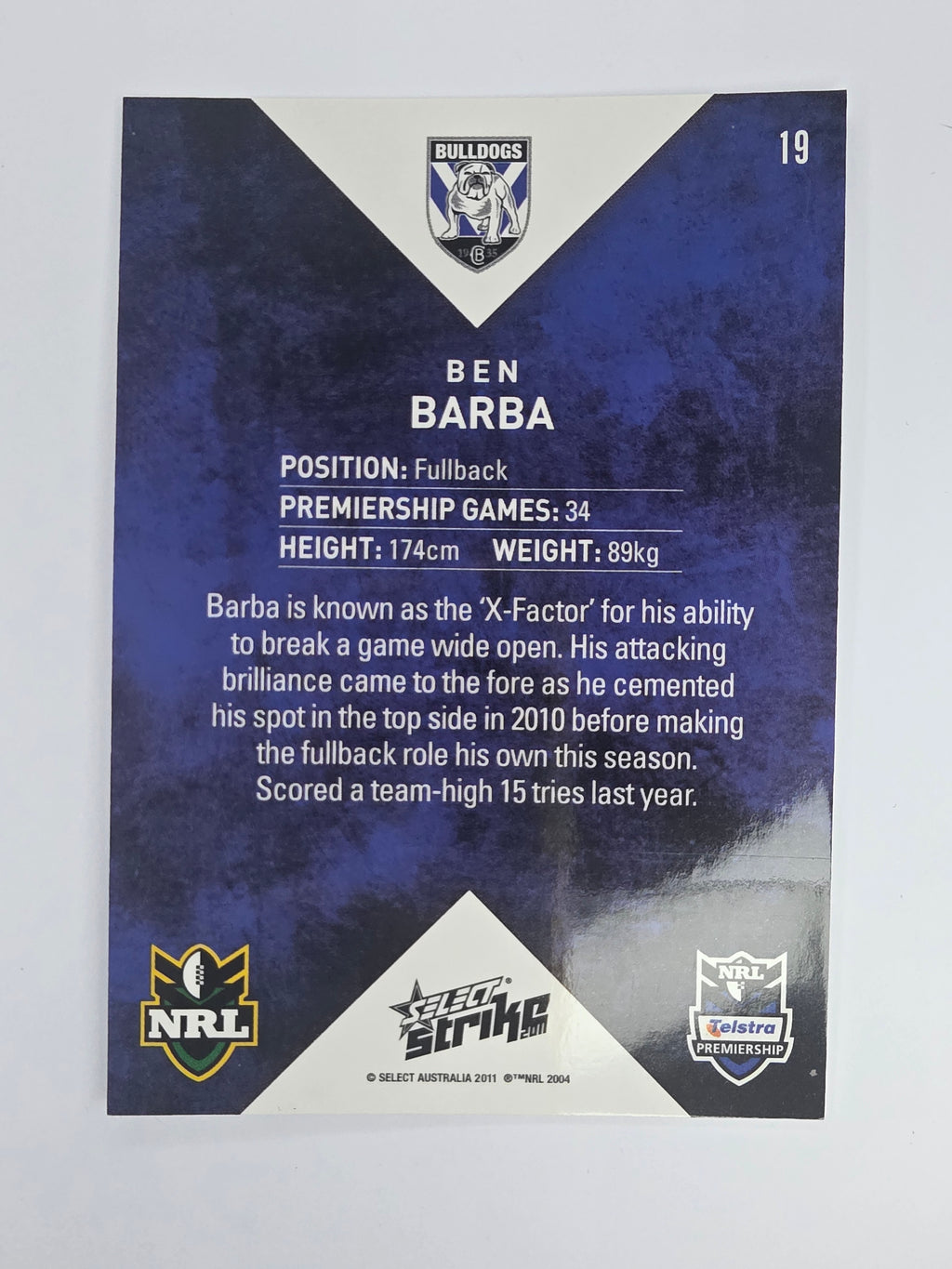 NRL 2011 Strike Base Card #19 Ben Barba Canterbury Bankstown Bulldogs