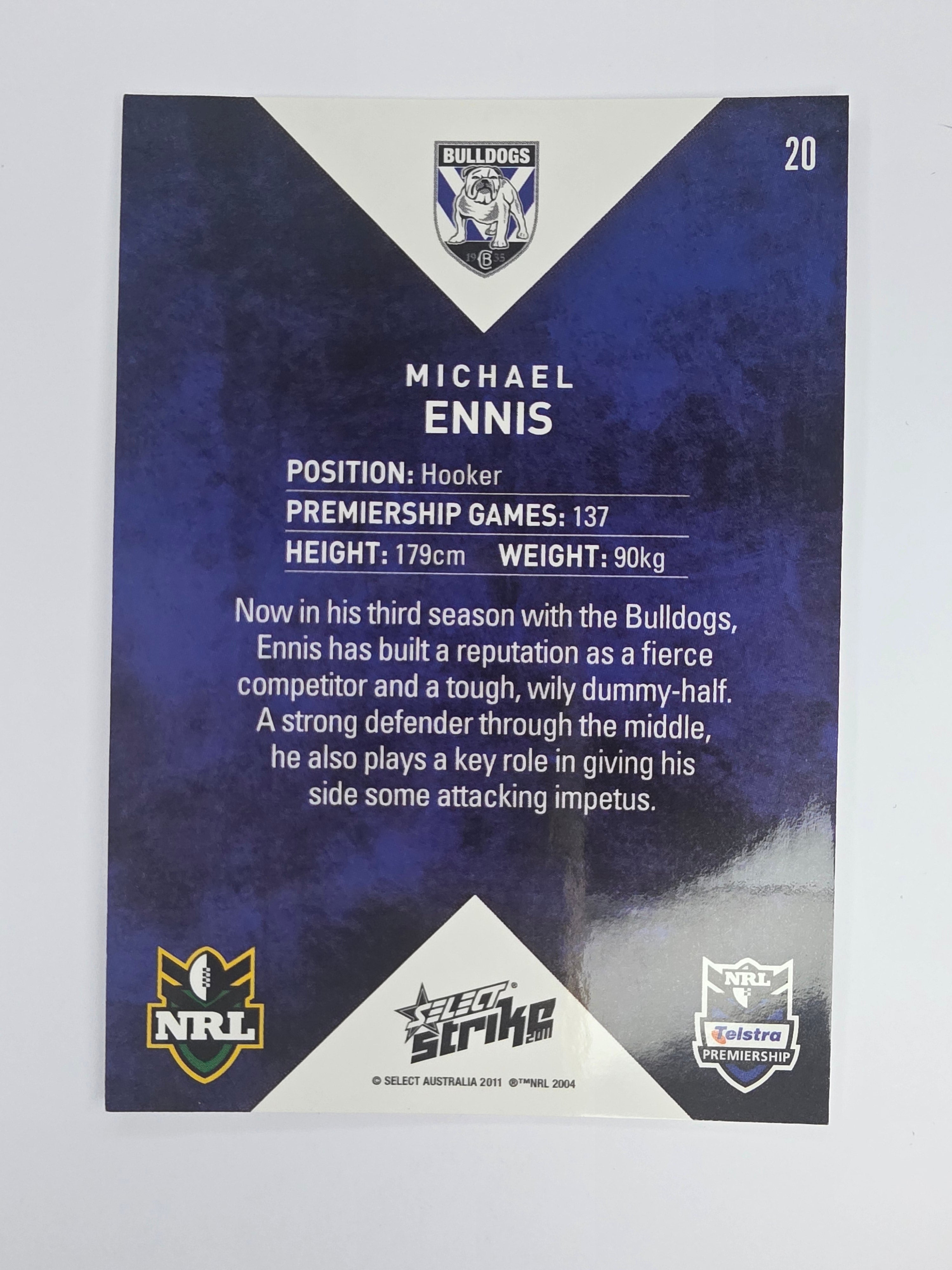 NRL 2011 Strike Base Card #20 Michael Ennis Canterbury Bankstown Bulldogs