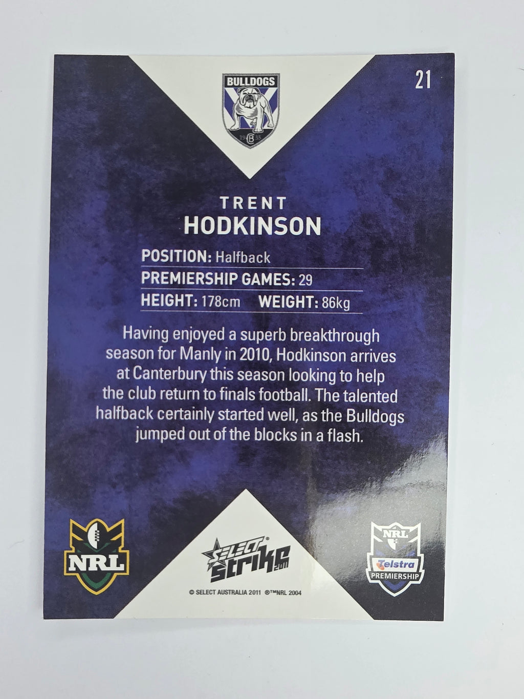 NRL 2011 Strike Base Card #21 Trent Hodkinson Canterbury Bankstown Bulldogs