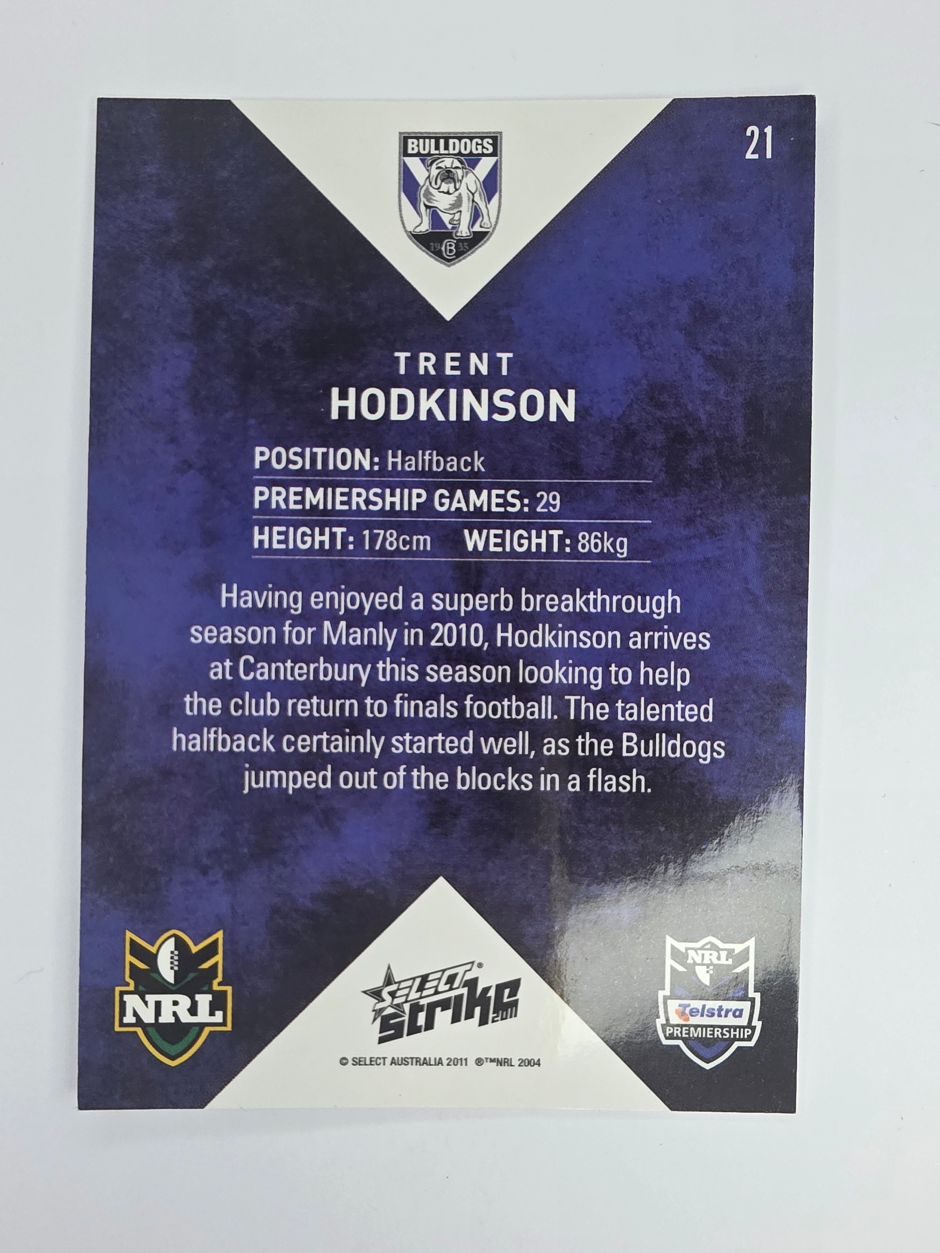 NRL 2011 Strike Base Card #21 Trent Hodkinson Canterbury Bankstown Bulldogs