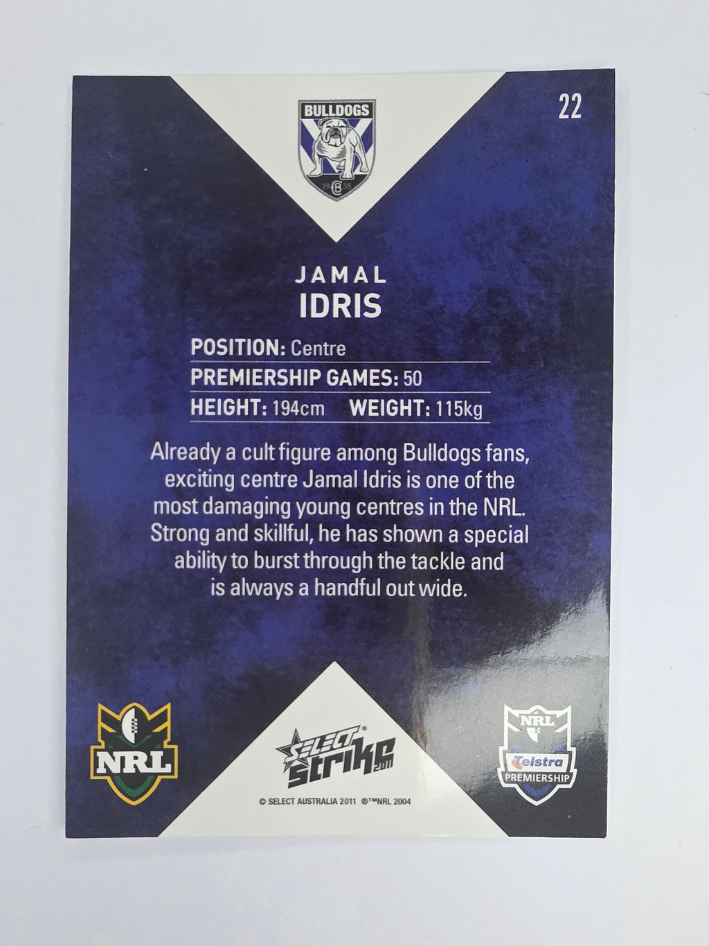 NRL 2011 Strike Base Card #22 Jamal Idris Canterbury Bankstown Bulldogs