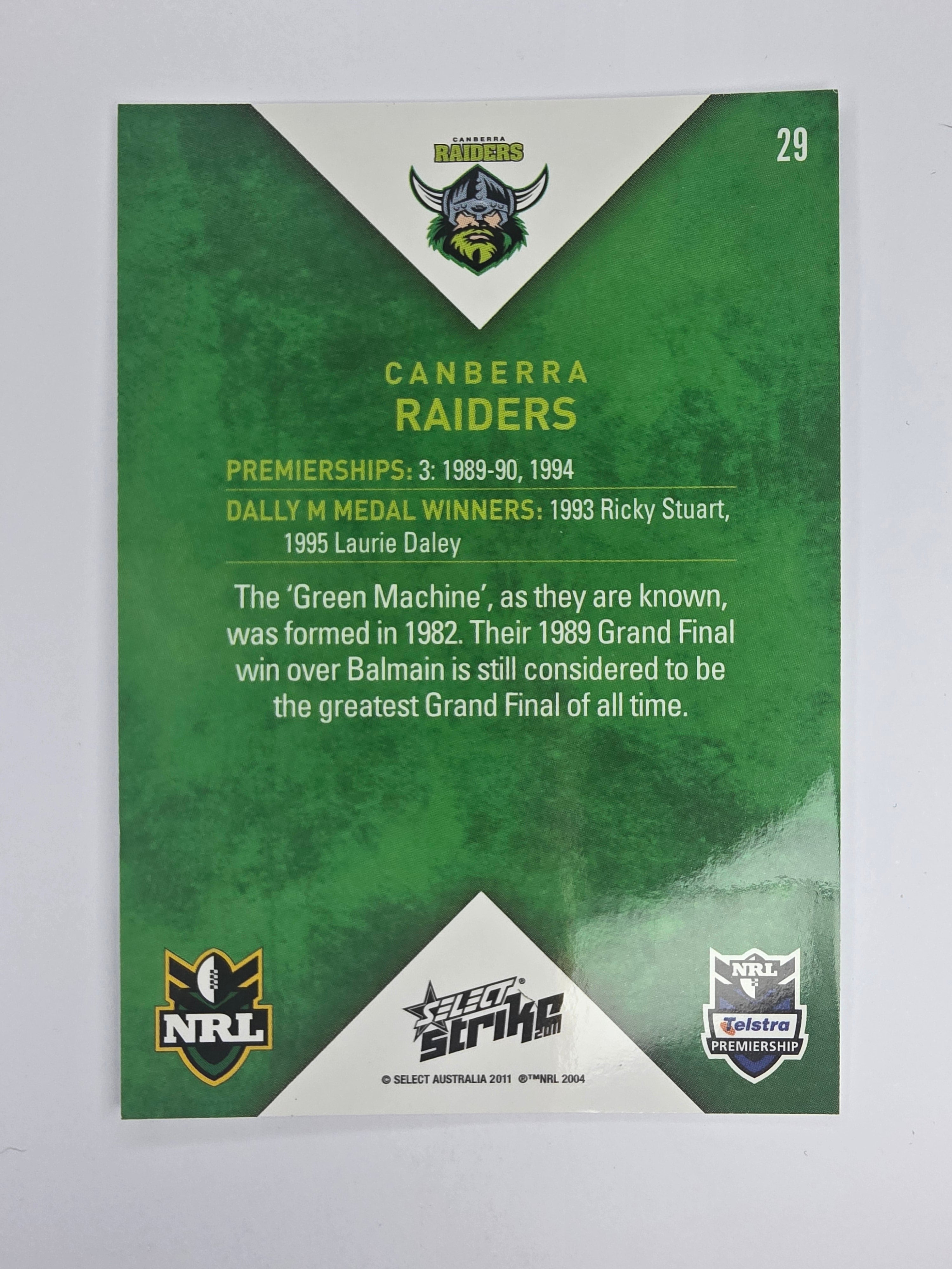 NRL 2011 Strike Base Card #29 Canberra Raiders Logo