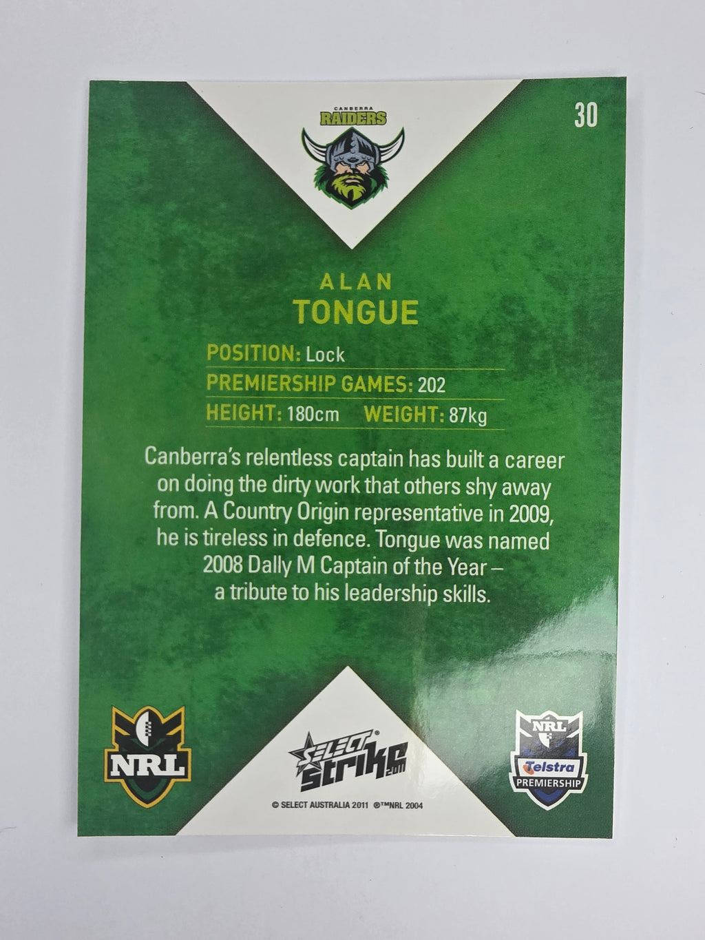 NRL 2011 Strike Base Card #30 Alan Tongue Canberra Raiders