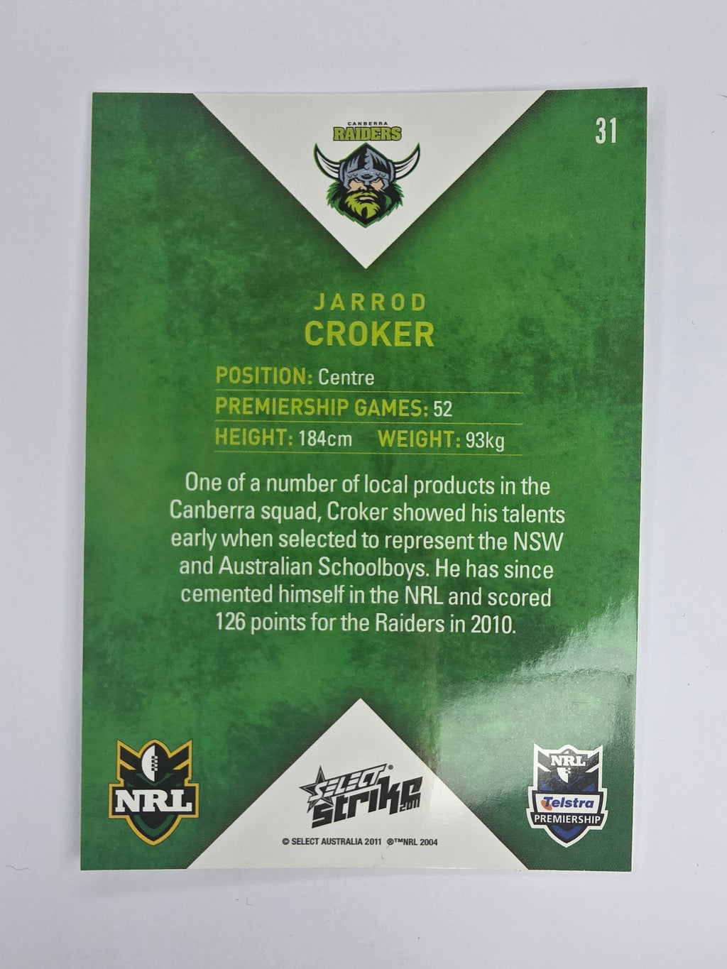 NRL 2011 Strike Base Card #31 Jarrod Croker Canberra Raiders