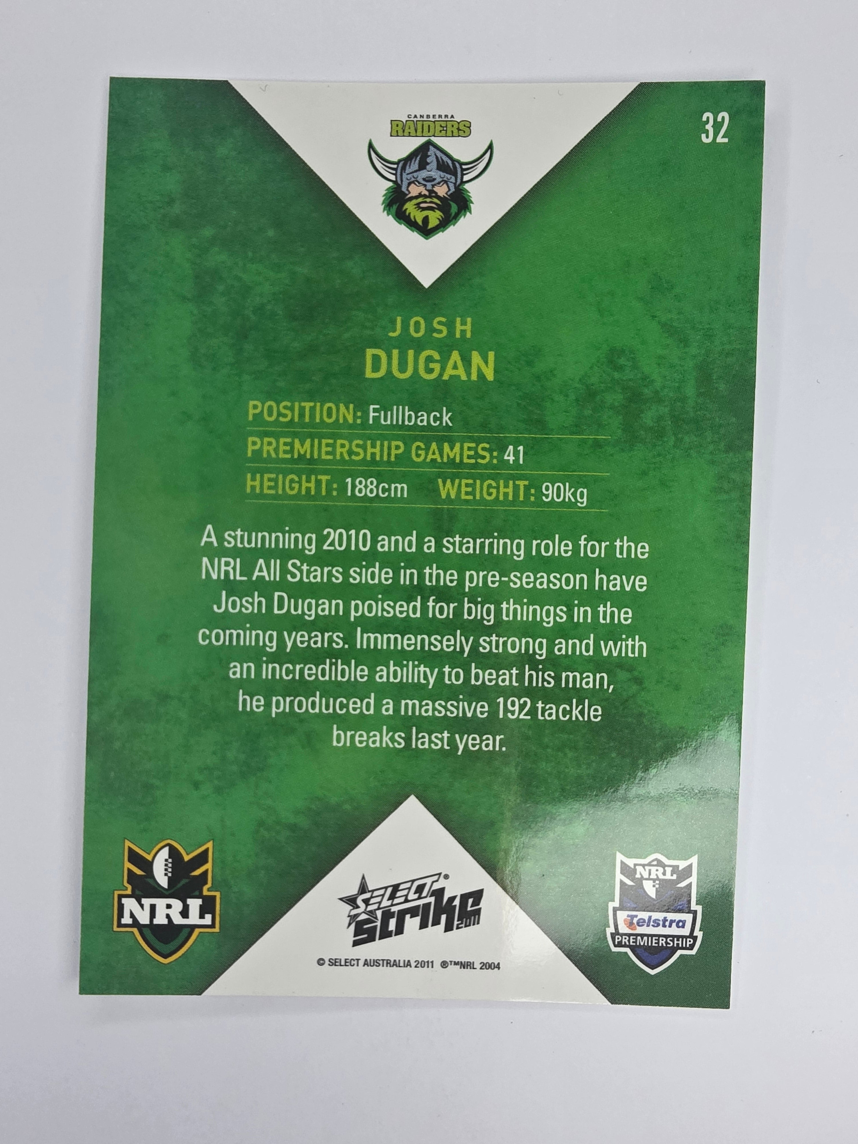 NRL 2011 Strike Base Card #32 Josh Dugan Canberra Raiders