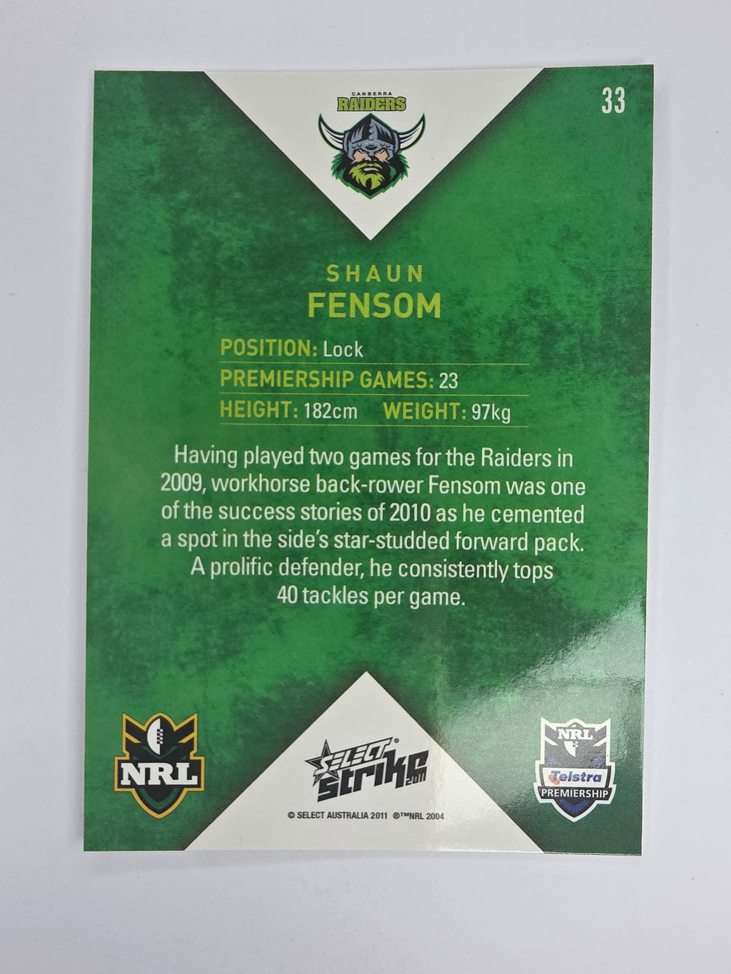 NRL 2011 Strike Base Card #33 Shaun Fensom Canberra Raiders