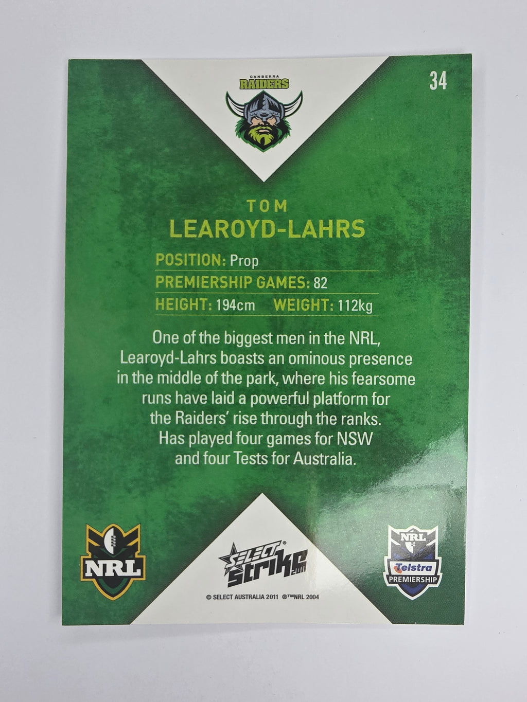 NRL 2011 Strike Base Card #34 Tom Learoyd-Lahrs Canberra Raiders