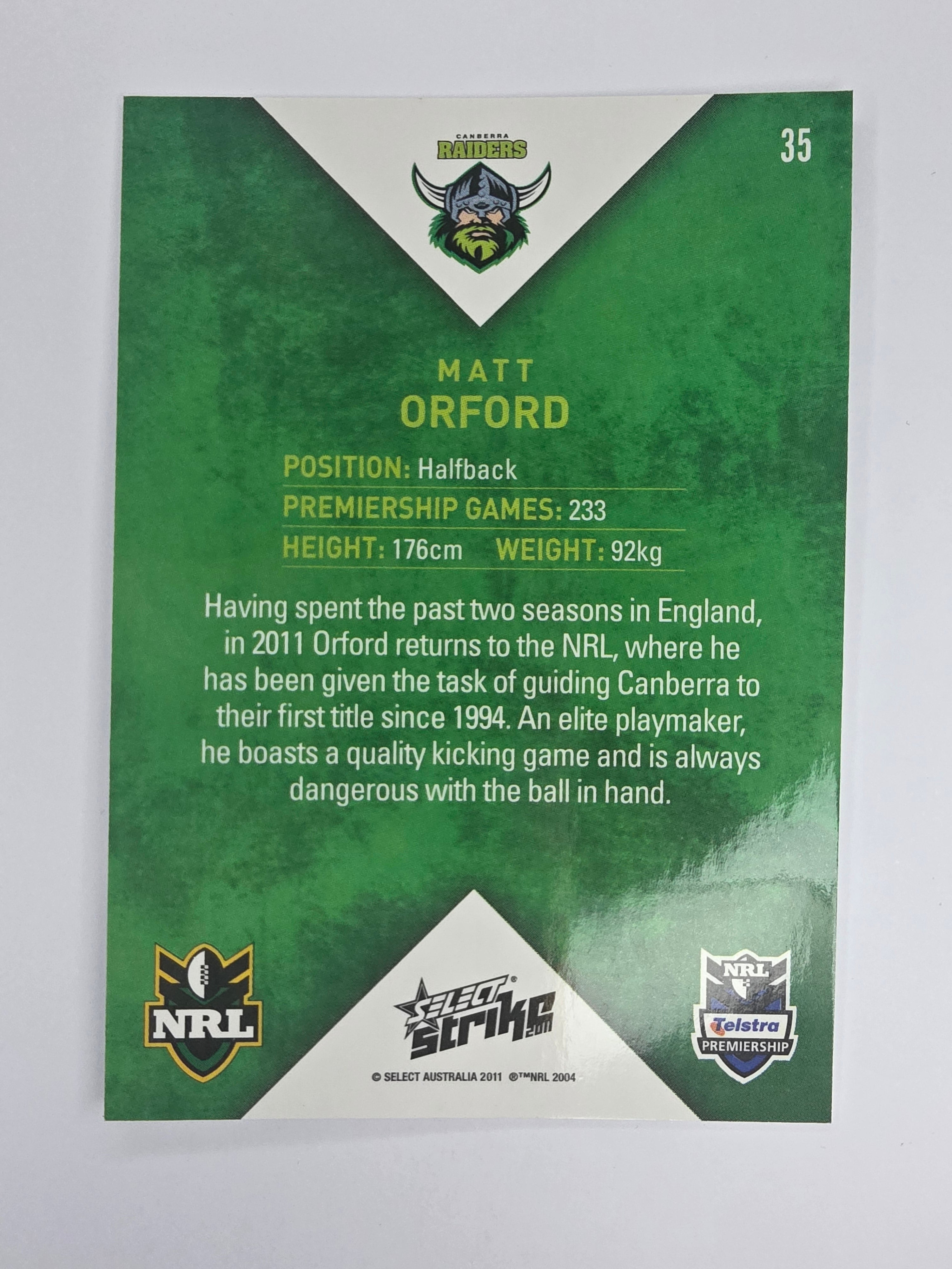NRL 2011 Strike Base Card #35 Matt Orford Canberra Raiders