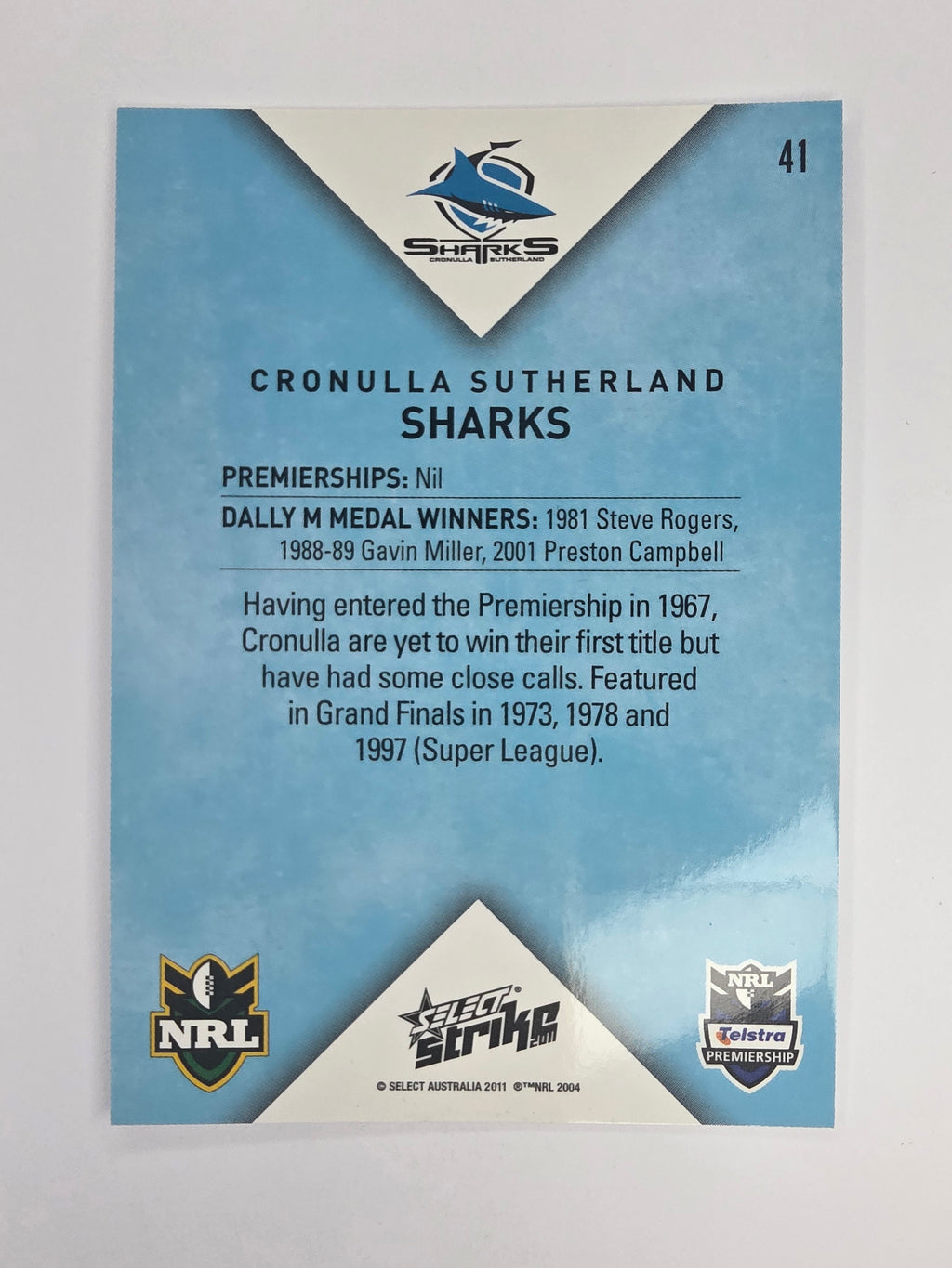 NRL 2011 Strike Base Card #41 Cronulla Sutherland Sharks Logo