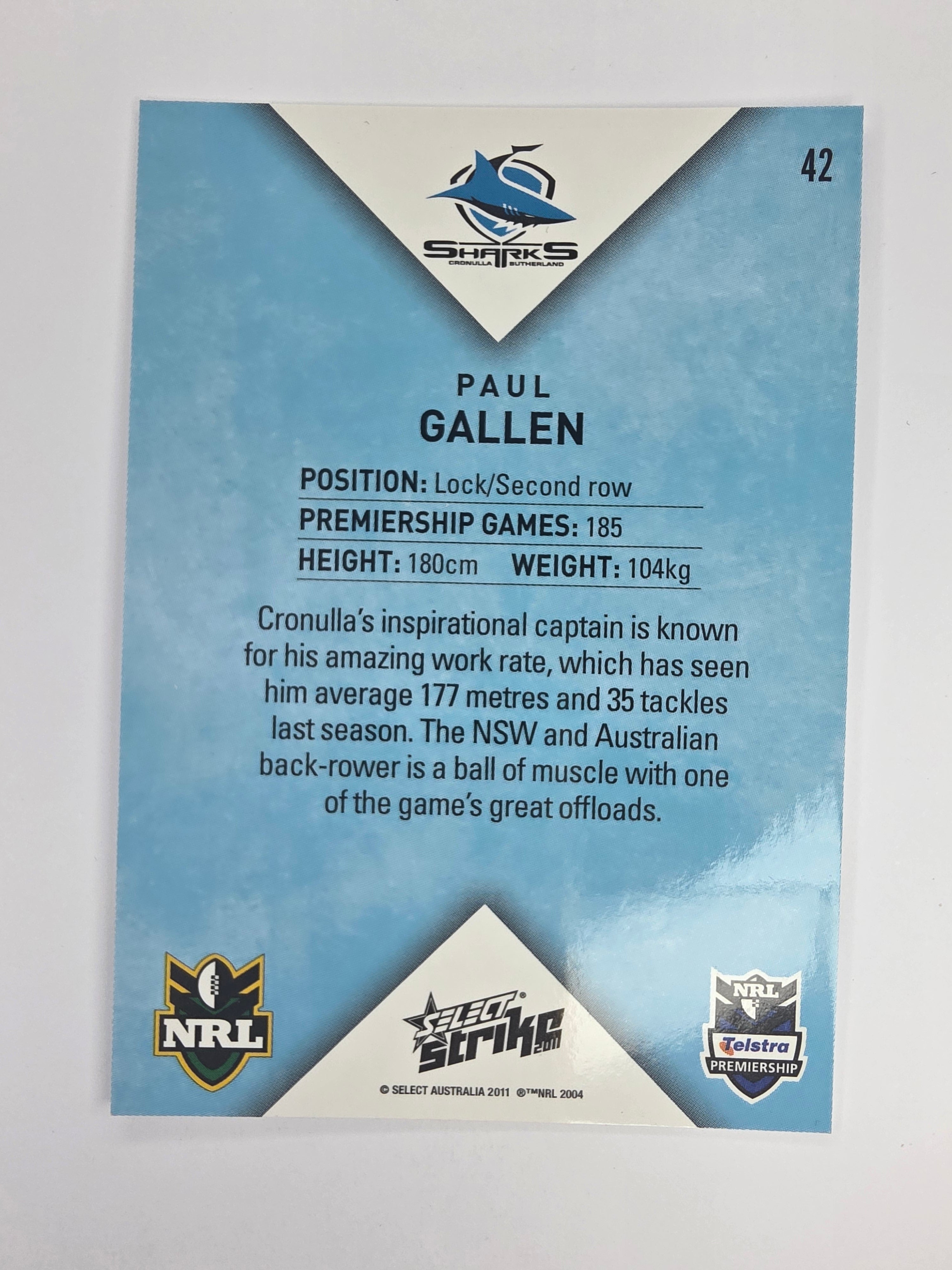 NRL 2011 Strike Base Card #42 Paul Gallen Cronulla Sutherland Sharks