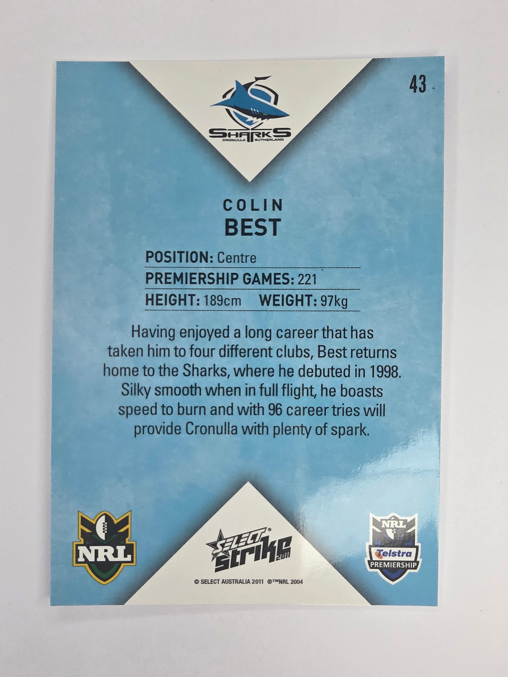 NRL 2011 Strike Base Card #43 Colin Best Cronulla Sutherland Sharks