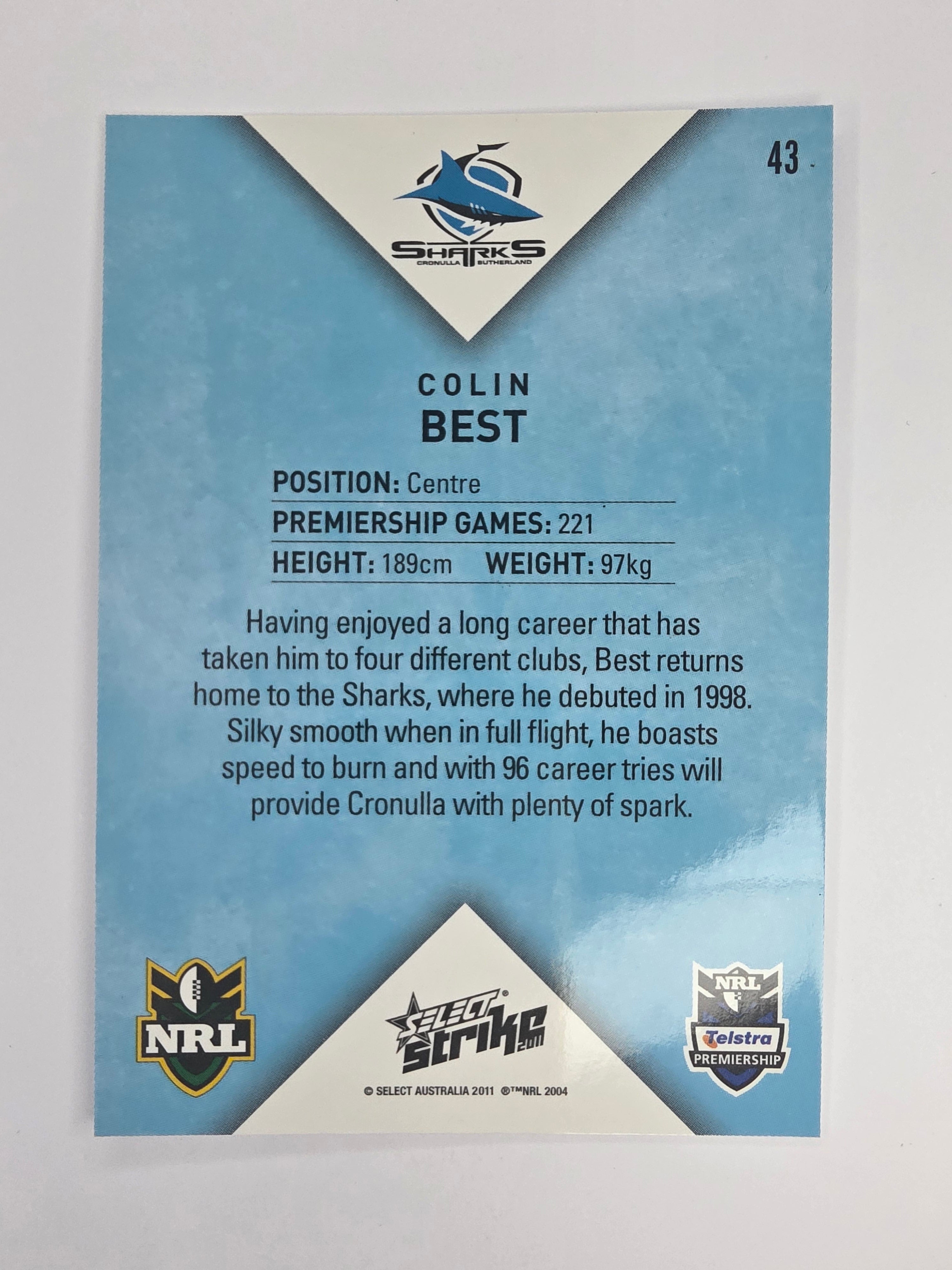 NRL 2011 Strike Base Card #43 Colin Best Cronulla Sutherland Sharks