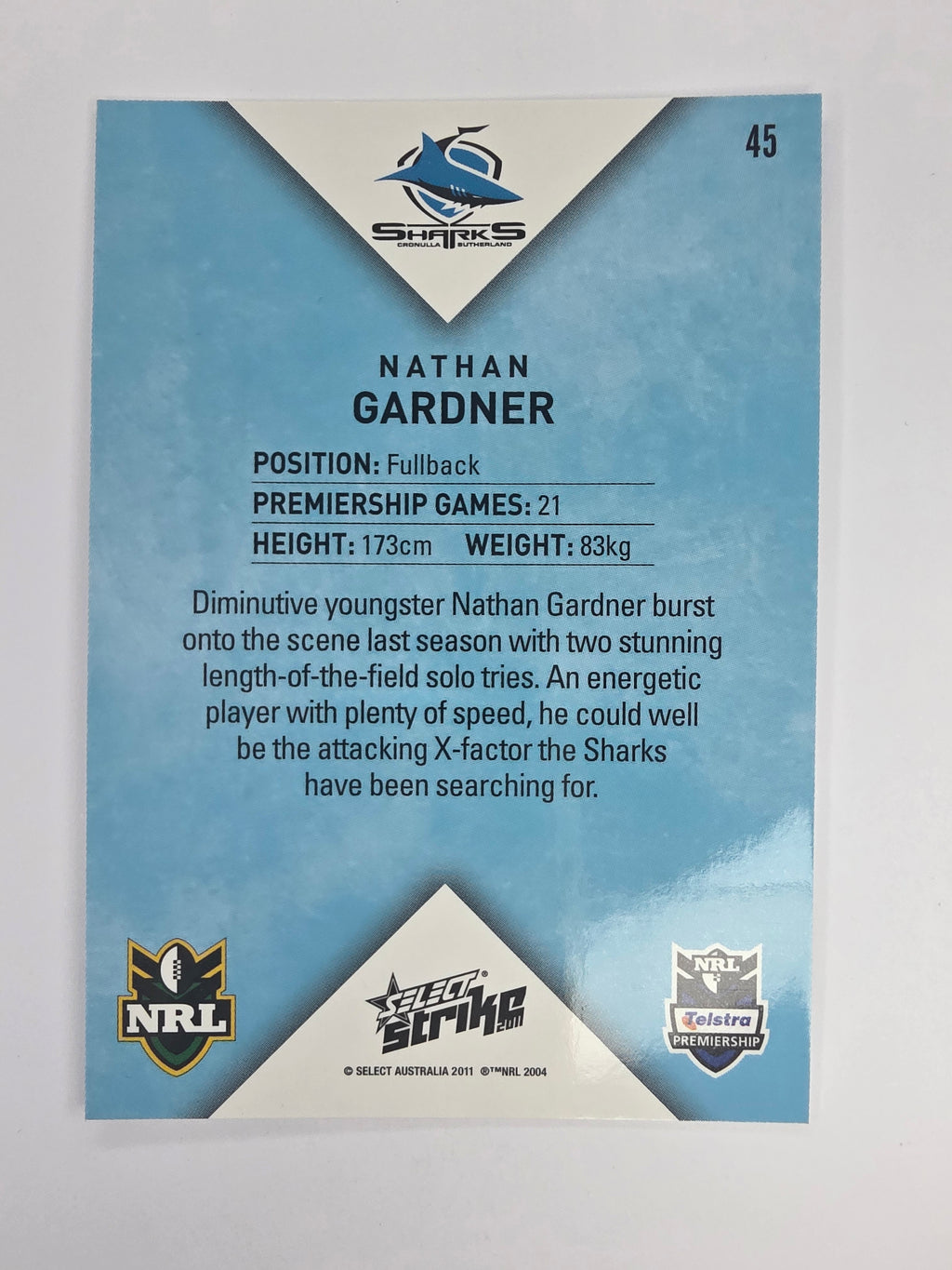 NRL 2011 Strike Base Card #45 Nathan Gardner Cronulla Sutherland Sharks