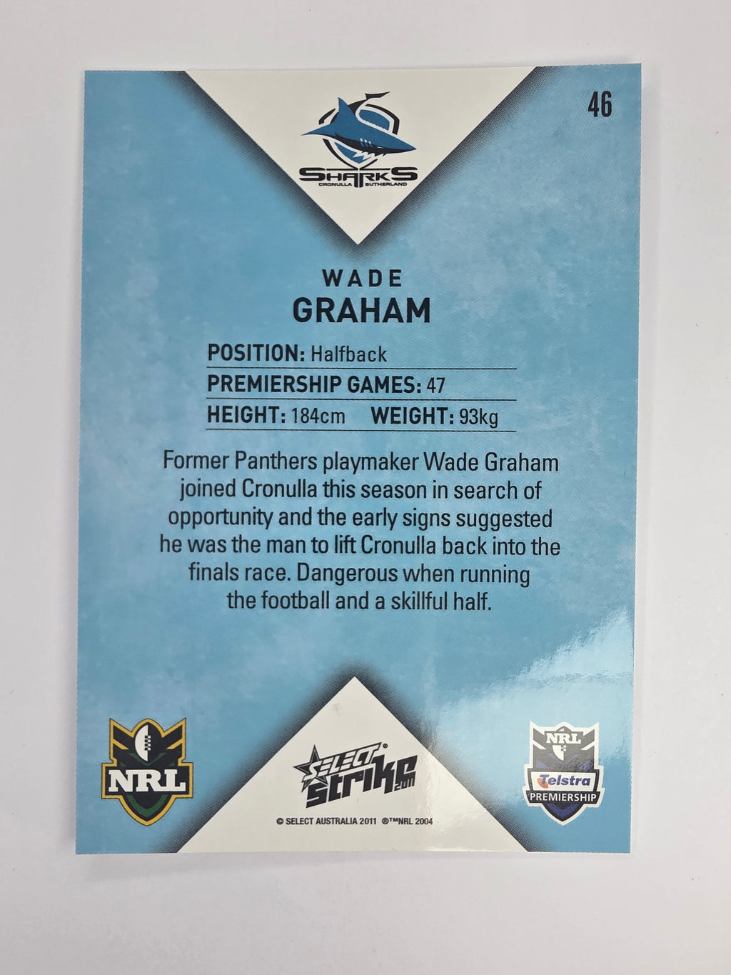 NRL 2011 Strike Base Card #46 Wade Graham Cronulla Sutherland Sharks