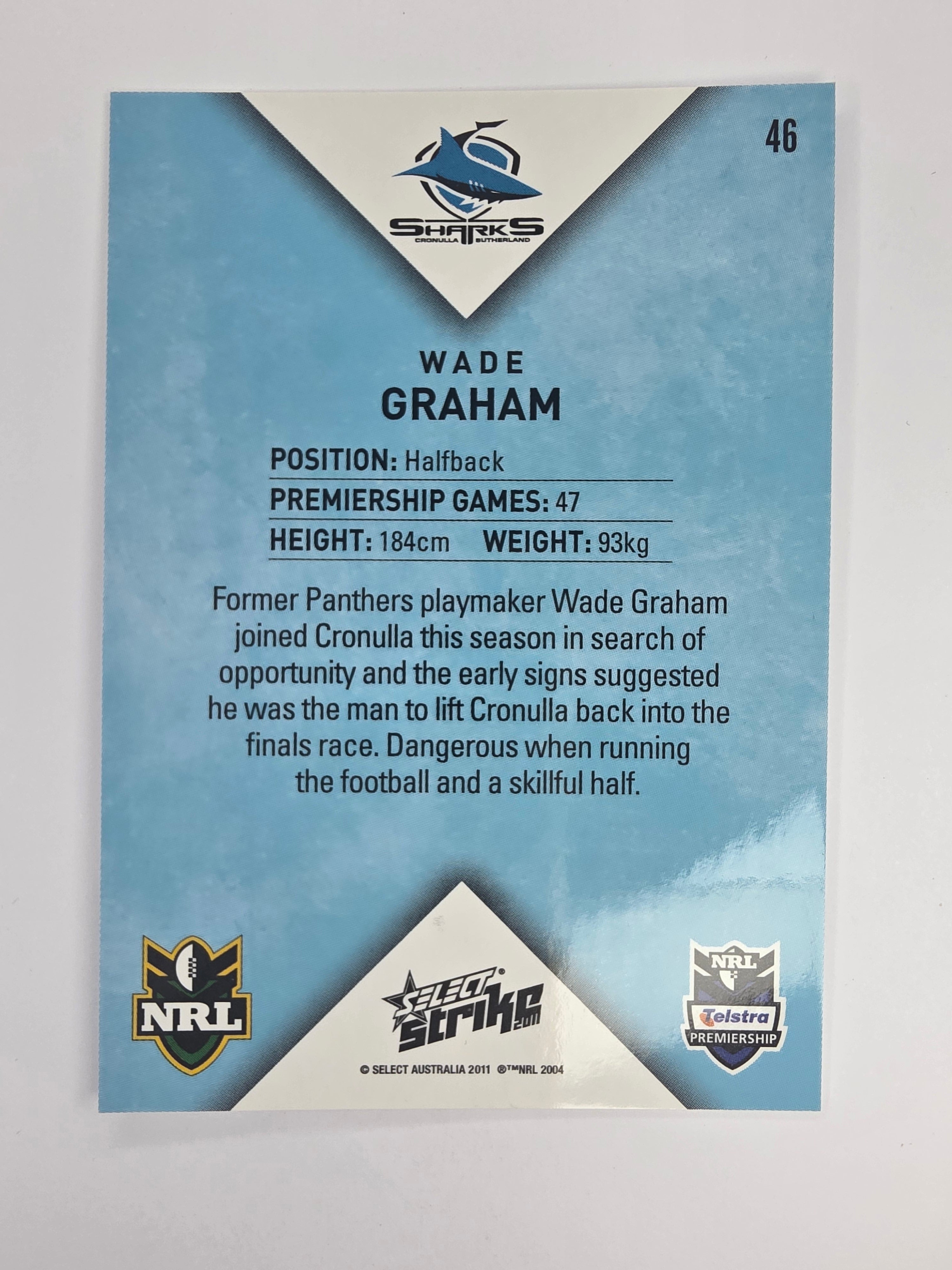 NRL 2011 Strike Base Card #46 Wade Graham Cronulla Sutherland Sharks