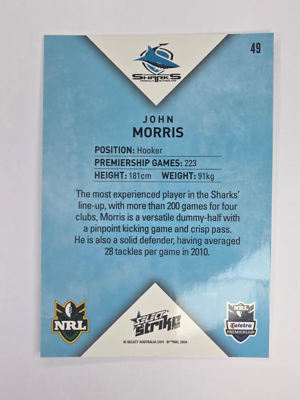 NRL 2011 Strike Base Card #49 John Morris Cronulla Sutherland Sharks