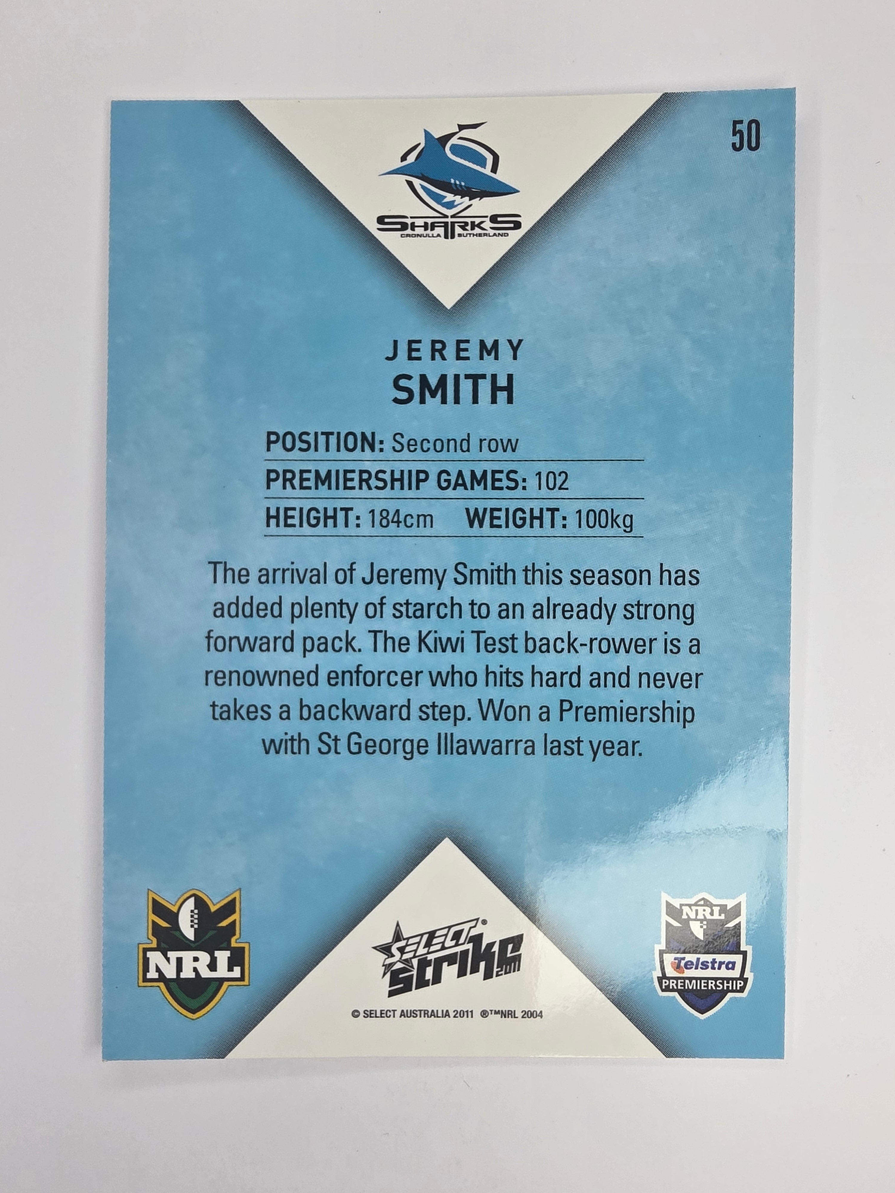 NRL 2011 Strike Base Card #50 Jeremy Smith Cronulla Sutherland Sharks