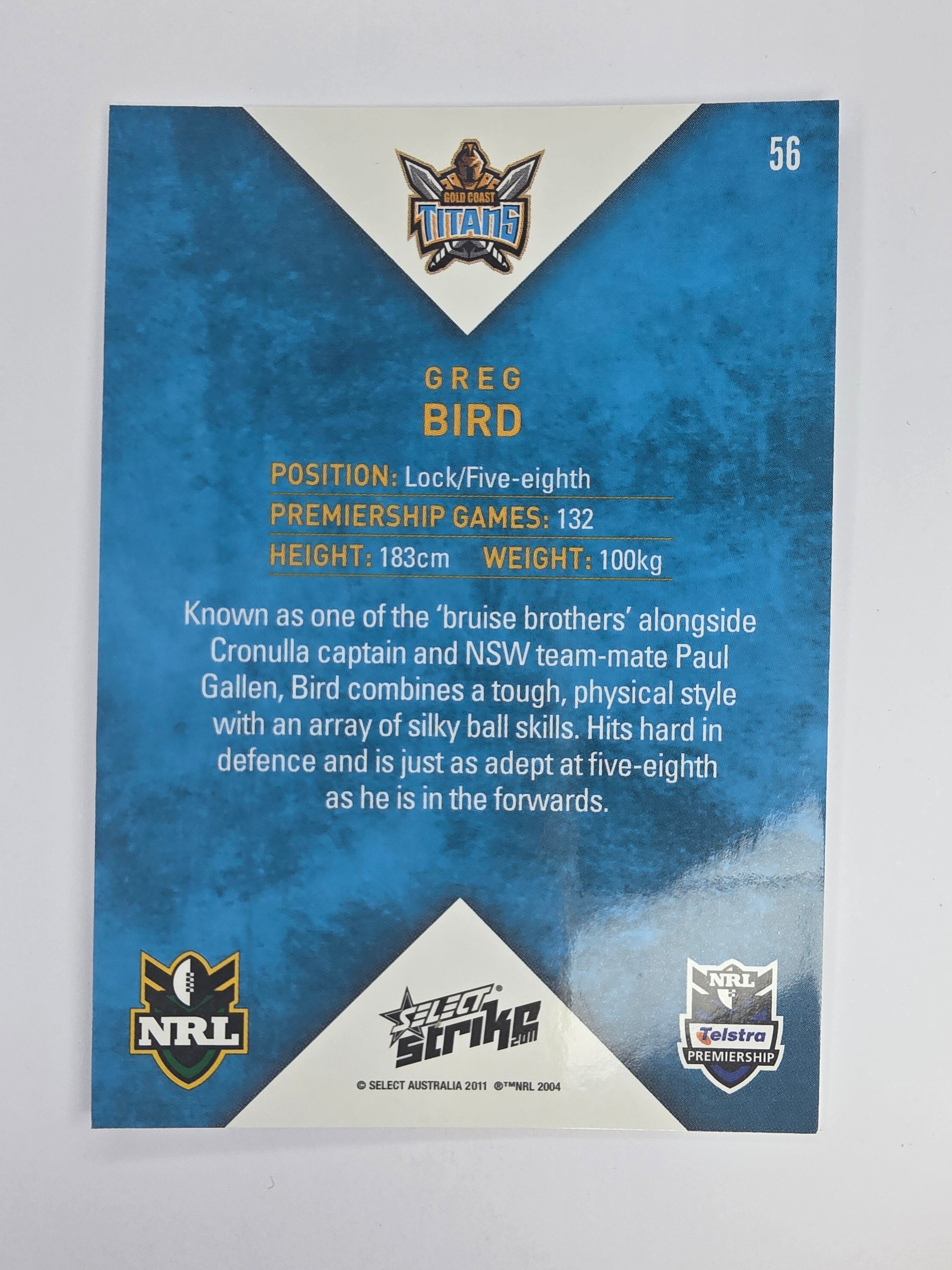 NRL 2011 Strike Base Card #56 Greg Bird Gold Coast Titans
