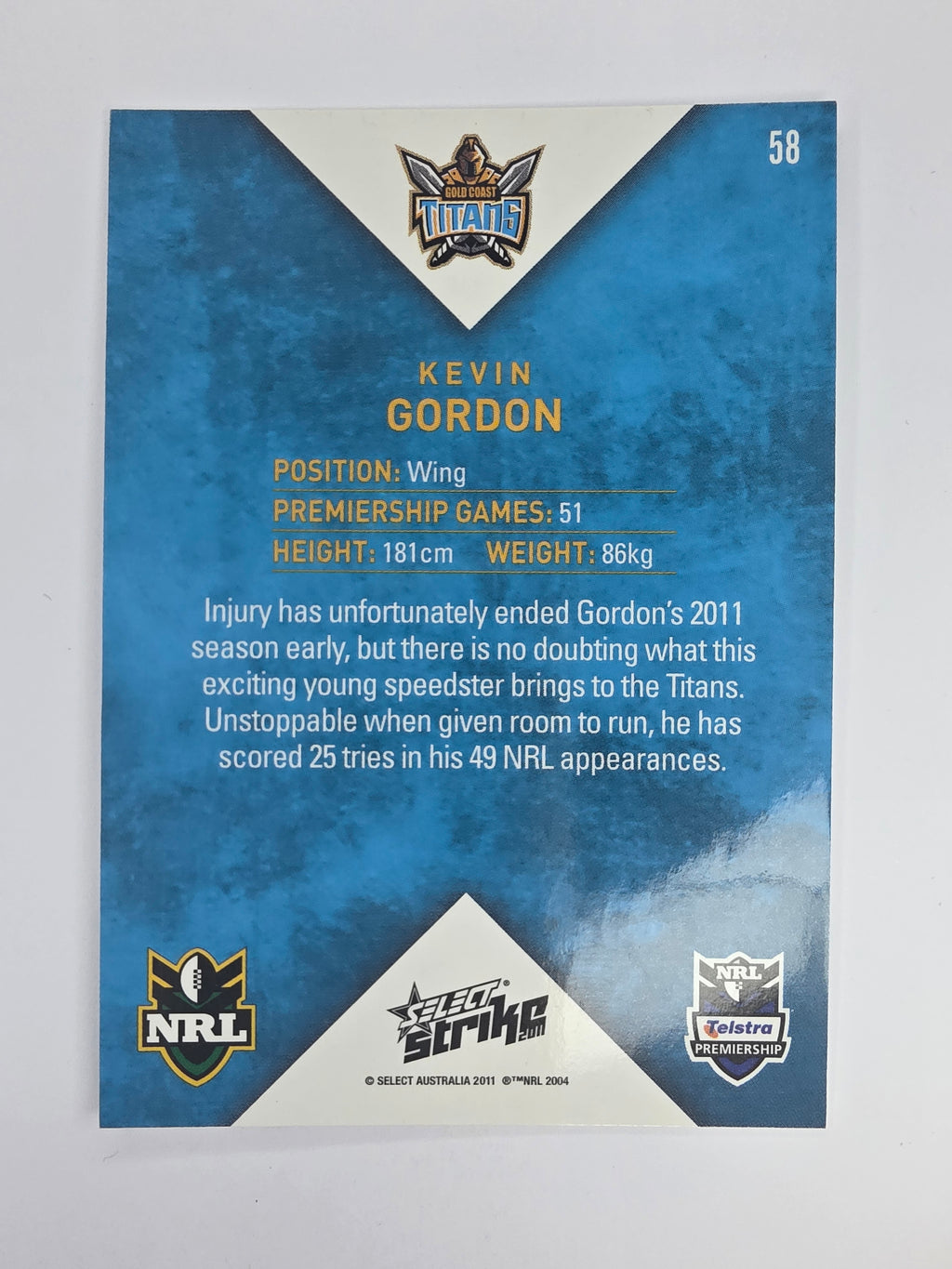 NRL 2011 Strike Base Card #58 Kevin Gordon Gold Coast Titans