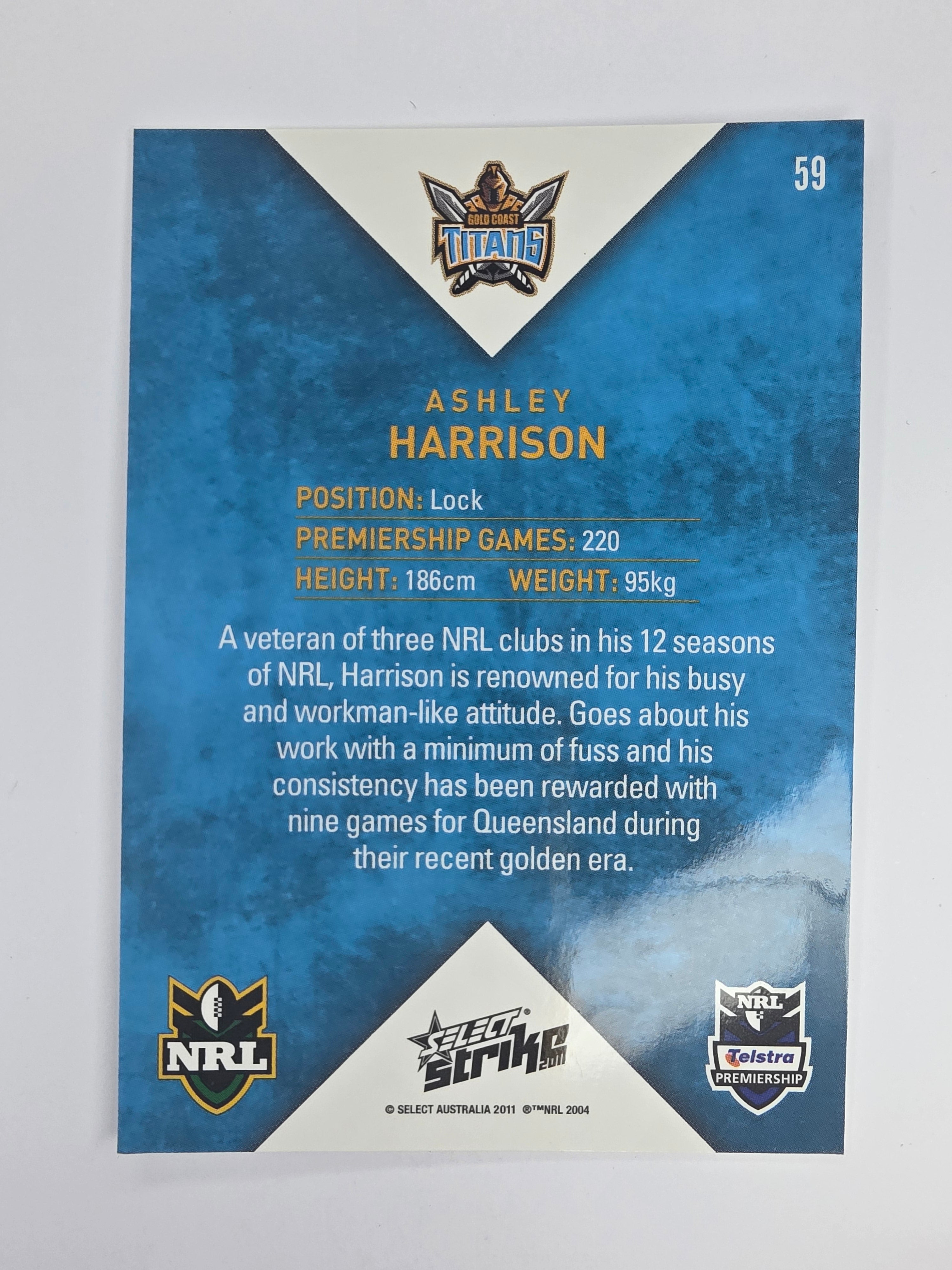 NRL 2011 Strike Base Card #59 Ashley Harrison Gold Coast Titans