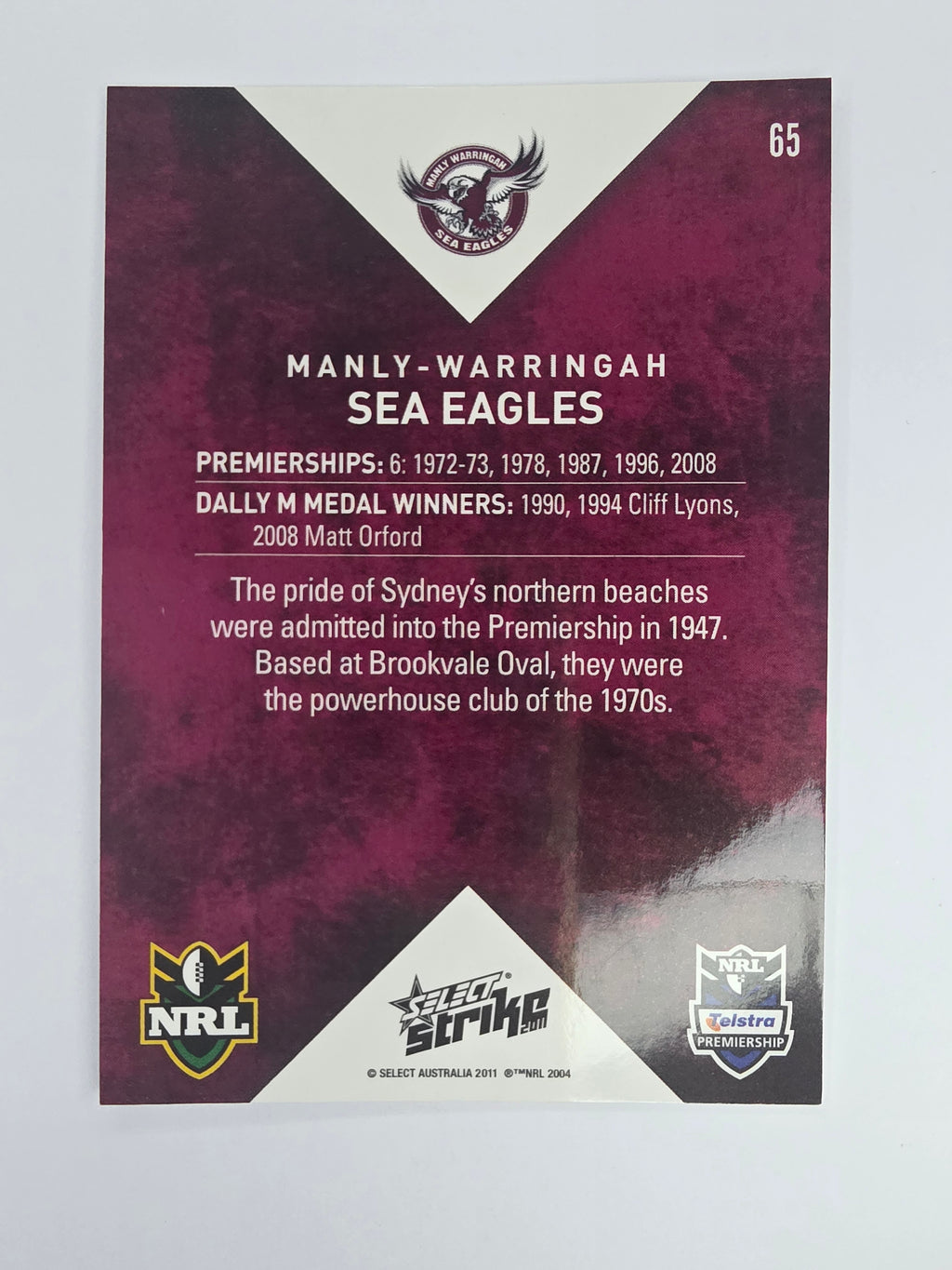 NRL 2011 Strike Base Card #65 Manly Warringah Sea Eagles Logo