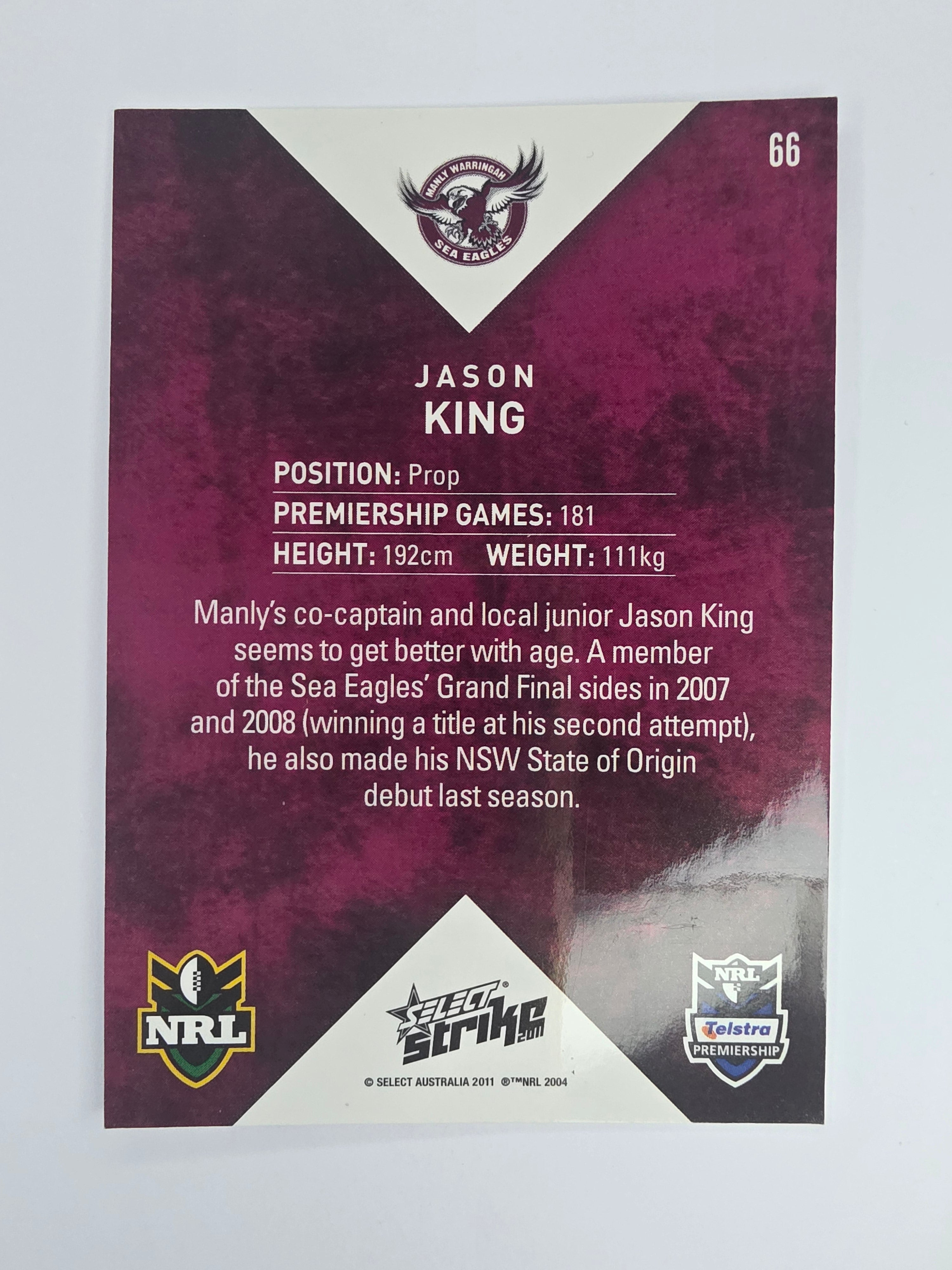 NRL 2011 Strike Base Card #66 Jason King Manly Warringah Sea Eagles