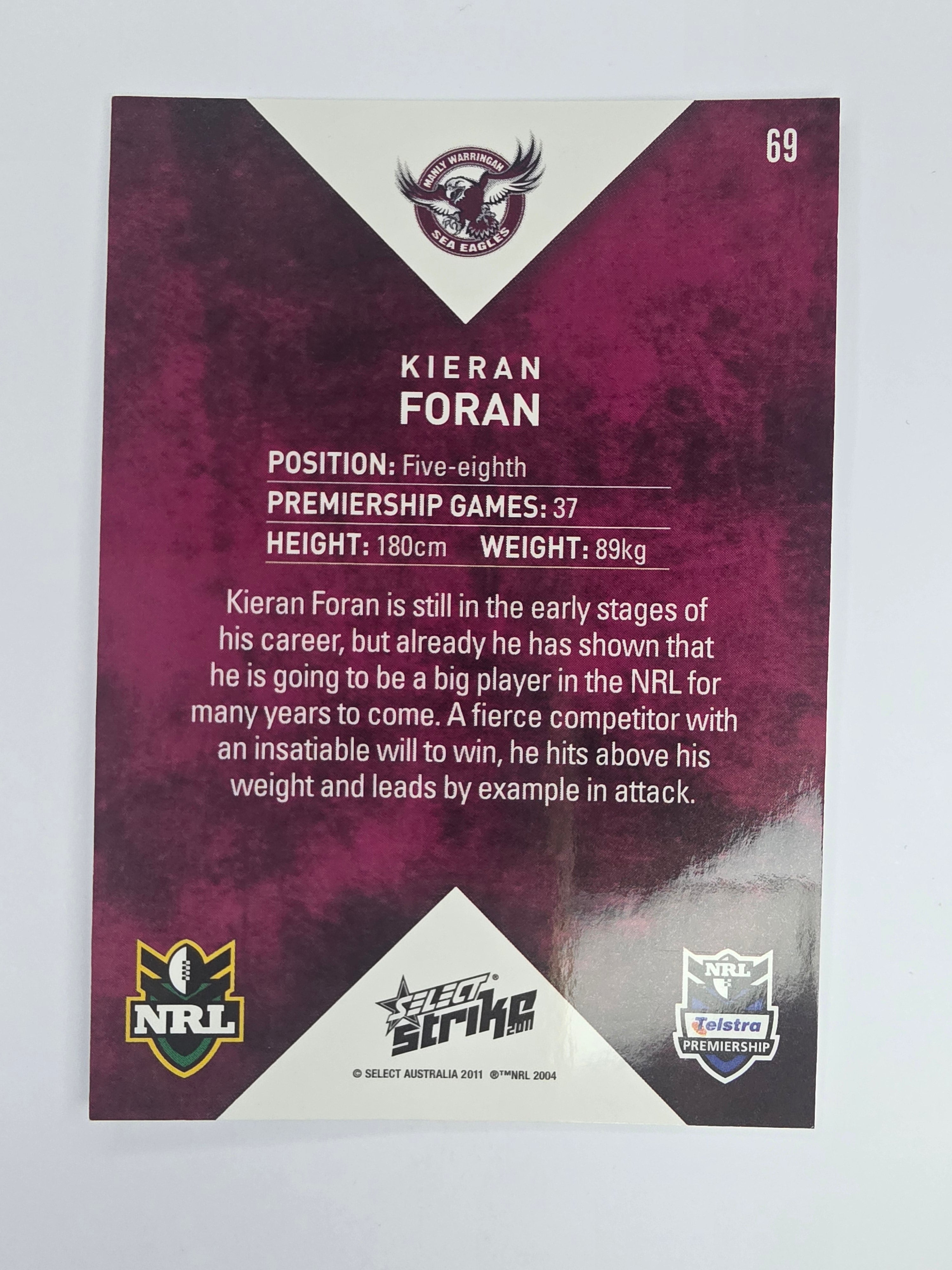NRL 2011 Strike Base Card #69 Kieran Foran Manly Warringah Sea Eagles