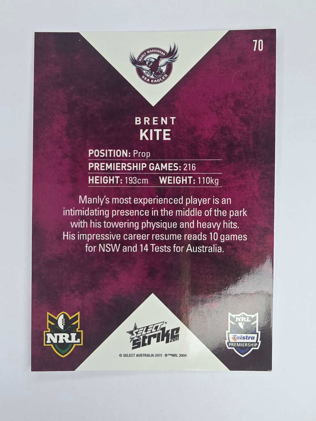 NRL 2011 Strike Base Card #70 Brent Kite Manly Warringah Sea Eagles
