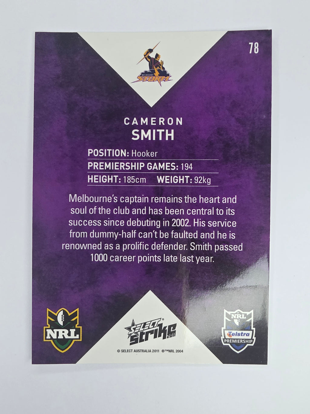 NRL 2011 Strike Base Card #78 Cameron Smith Melbourne Storm