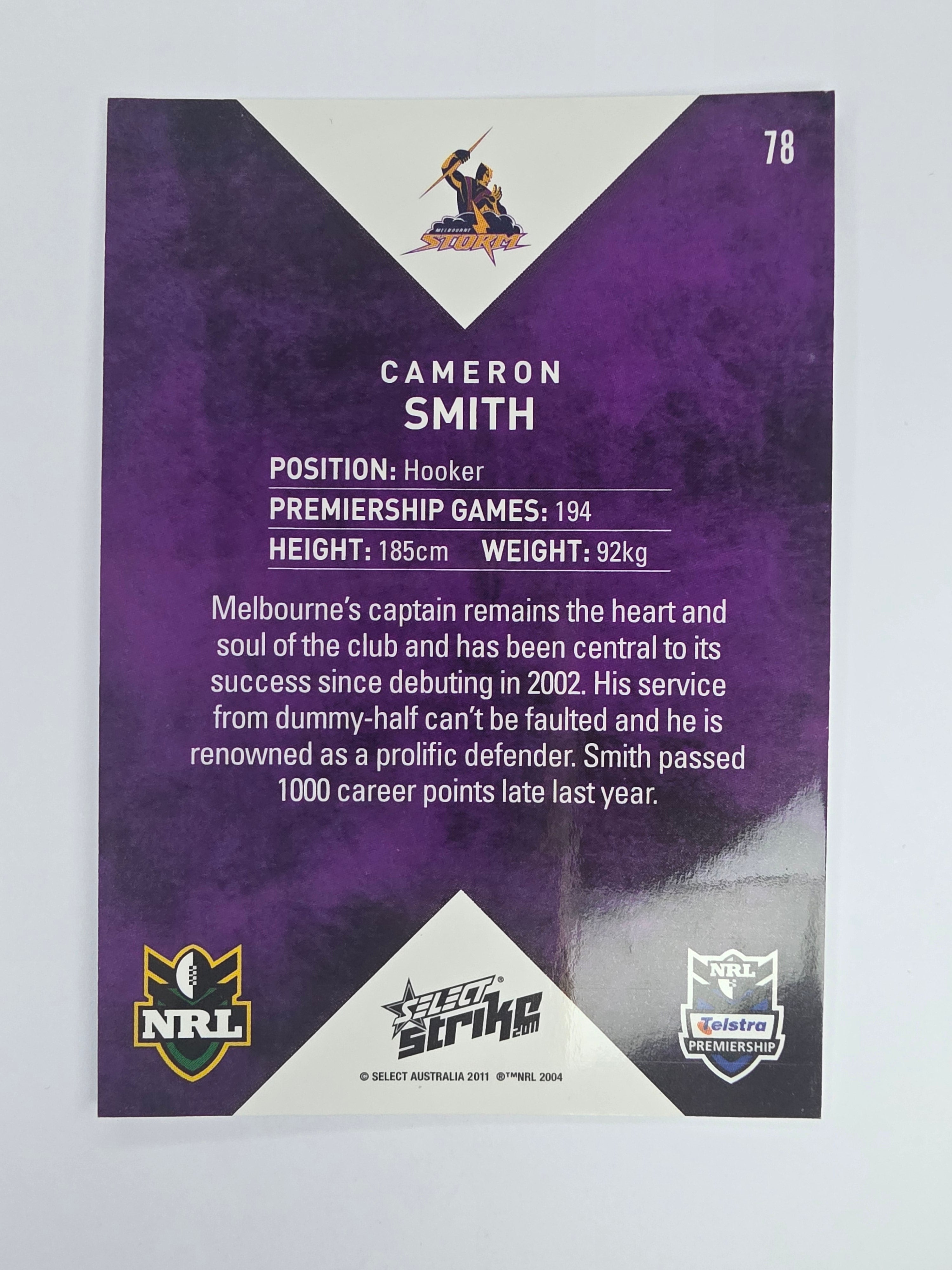 NRL 2011 Strike Base Card #78 Cameron Smith Melbourne Storm